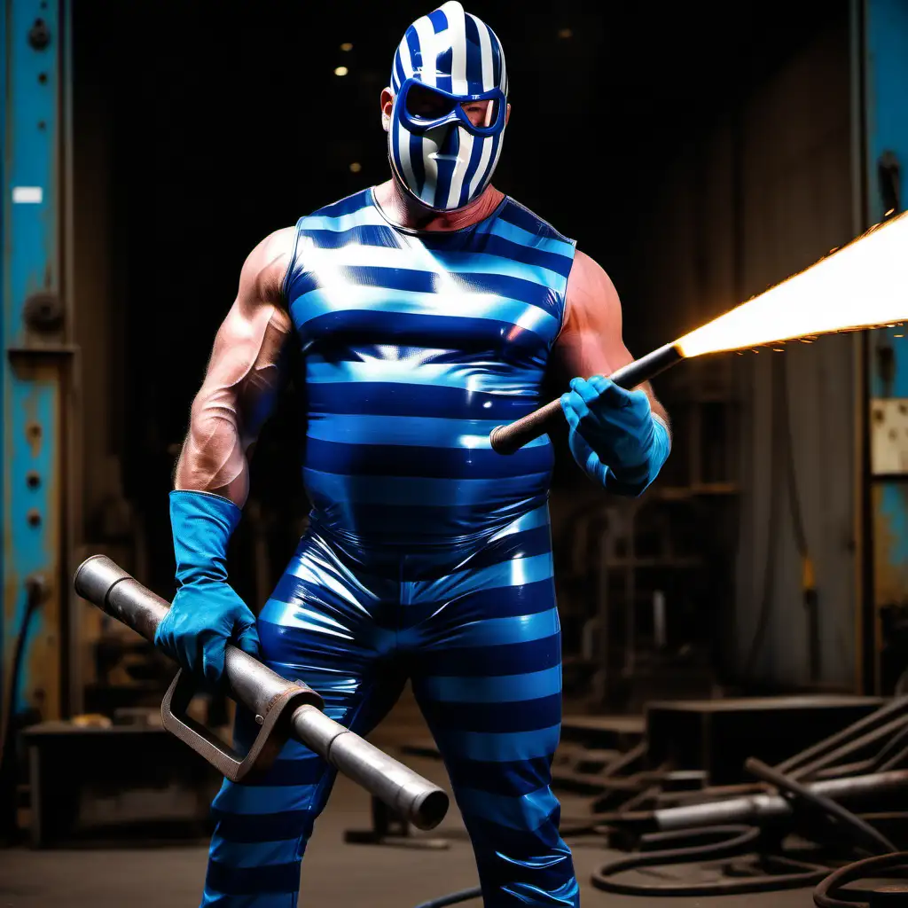 Muscular Welder in Navy Blue Striped Costume with Blowtorch and Hammer at Steelworks