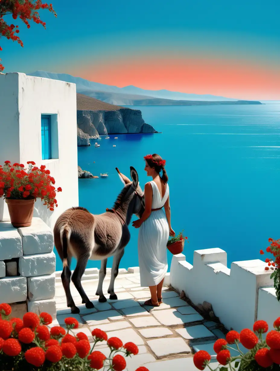 Smiling Couple Greeting by Ancient Greek Seaside with Donkey and White Building