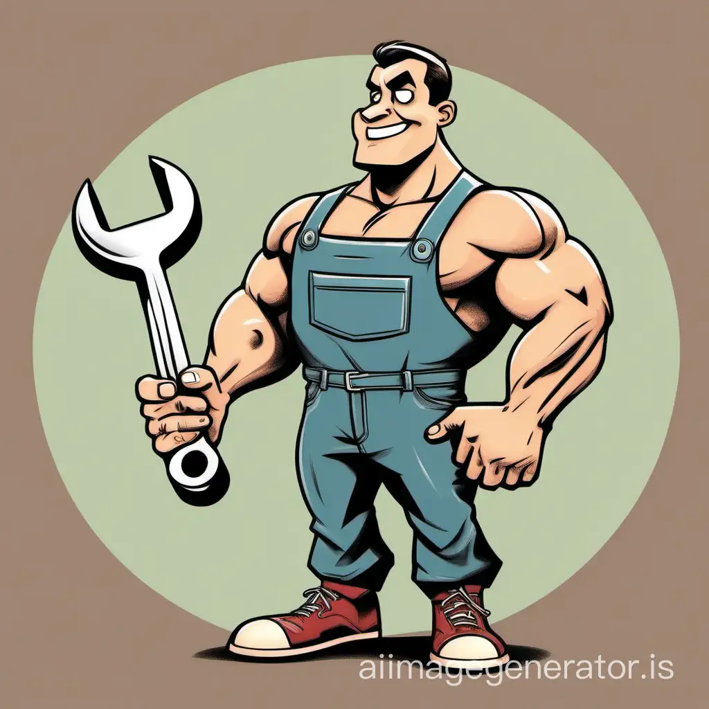 a cartoon strong man holding a spanking wrench in his hands that symbolizes reliability and professionalism. The character should embody masculinity and kindness, projecting a sense of trust