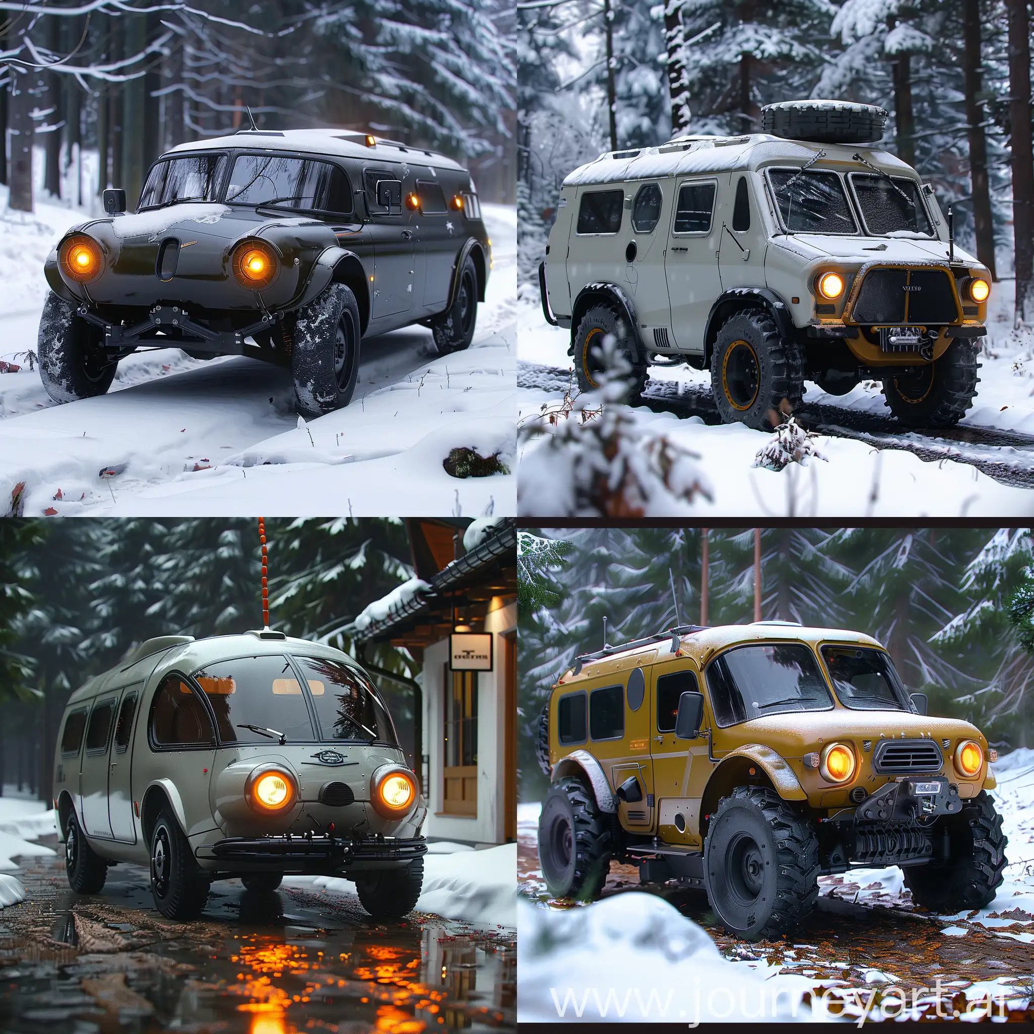 Futuristic UAZ-452 https://upload.wikimedia.org/wikipedia/commons/a/a1/UAZ-Bus.jpg, Electric Powertrain, Autonomous Driving, Advanced Connectivity, Advanced Safety Features, Augmented Reality Display, Biometric Authentication, Enhanced Comfort, Advanced Suspension System, Smart Storage Solutions, Voice Control System, Zero-Emission Hydrogen Fuel Cell, Self-Healing Body Panels, Vertical Takeoff and Landing (VTOL) Capability, Biodegradable and Recyclable Materials, Holographic Heads-Up Display, Advanced Energy Storage System, Bio-AI Assistant, Mood-Enhancing Interior Lighting, Integrated Vertical Farming System, Universal Translator System, octane render --stylize 1000