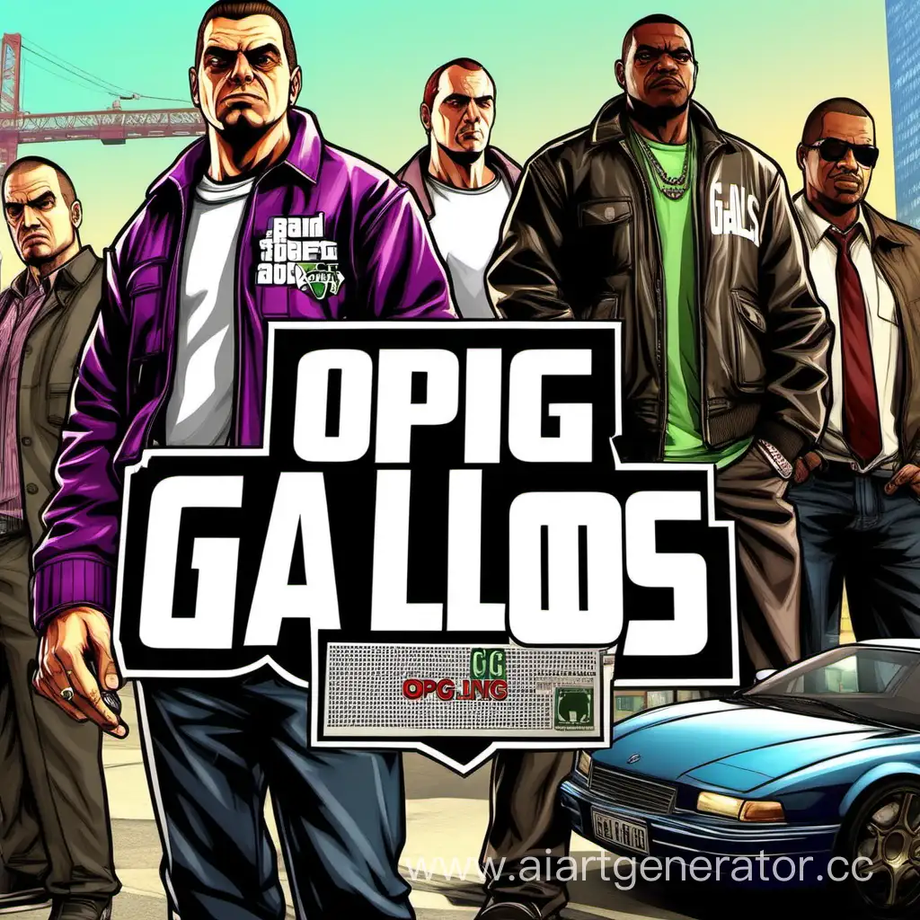 in the middle of the screen is the inscription "OPG Gallos" in the GTA style, and in the background are characters from GTA 4

