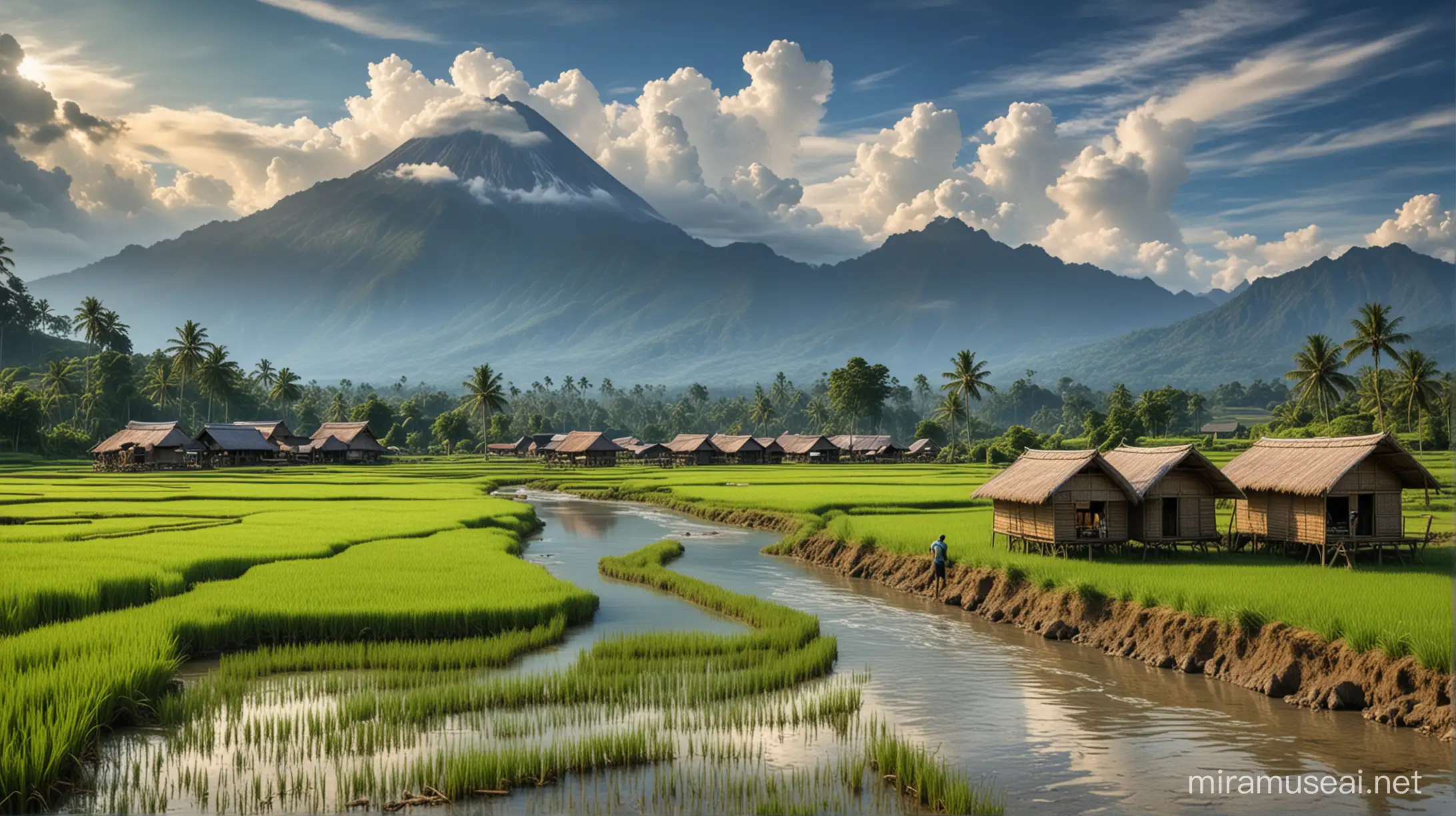 Vibrant Indonesian Rice Fields Farmer Amidst Scenic Beauty