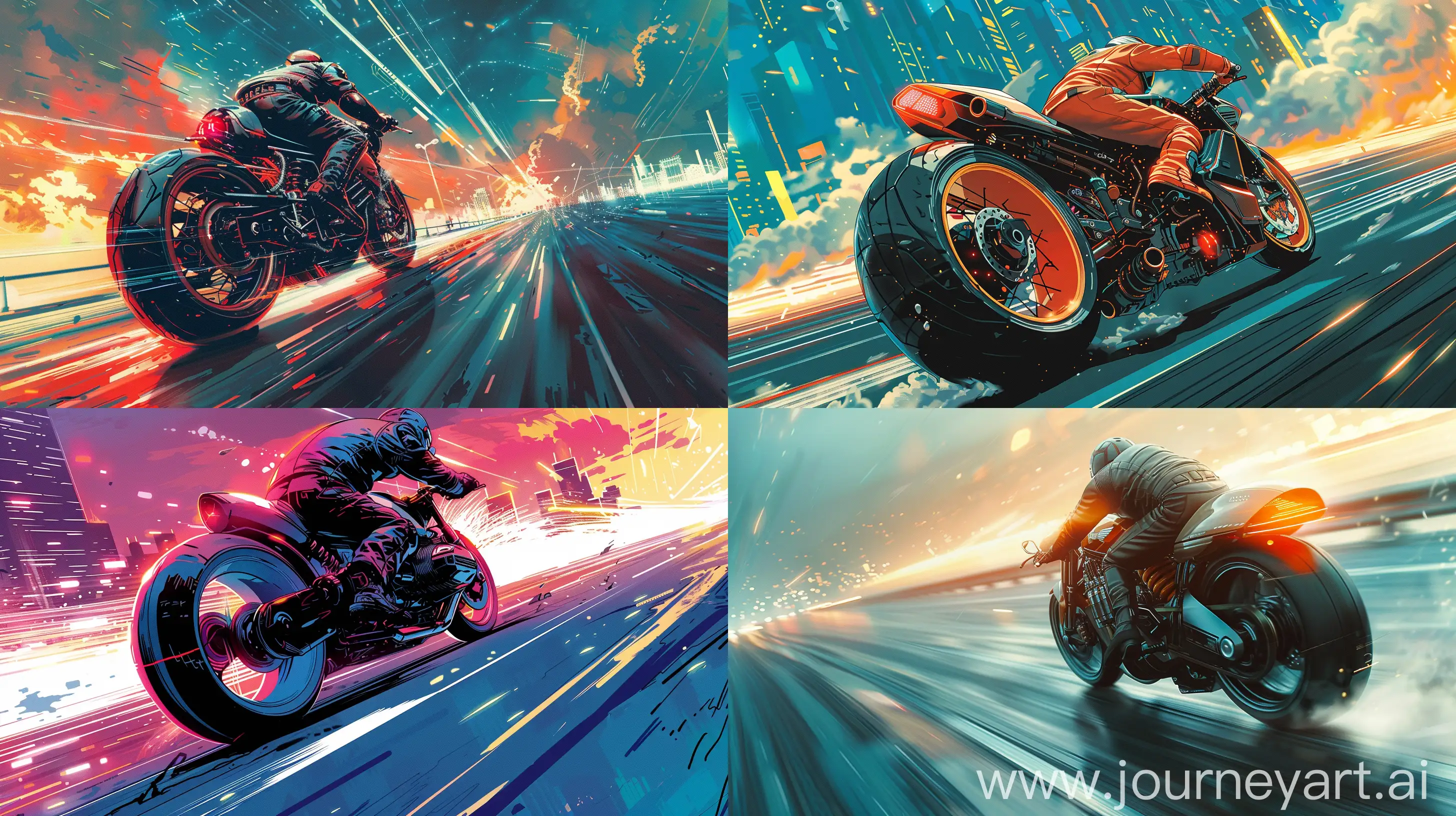 cyberpunk scene, a man on a cyberpunk motorcycle view from the back, driving at speed on the road, rear view, against the background of a cyberpunk city, in anime style + joe madureira style, --s 250 --ar 16:9 