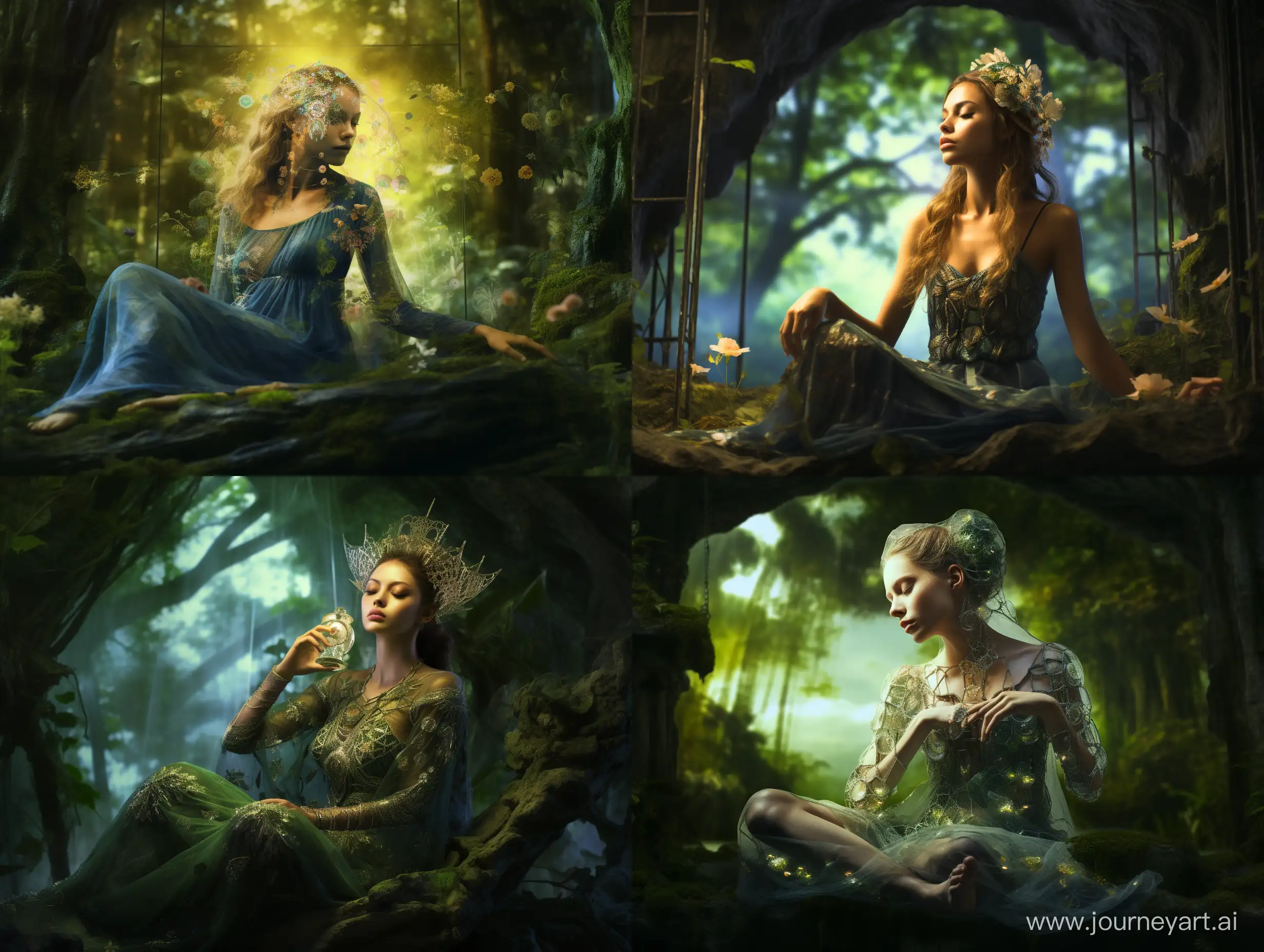Craft an enchanting image: a woman made of clear glass showing plants and flowers within, seated on a mossy rock in a lush green forest. Ethereal lights, Beautiful face. Intricated details, best of quality, photorealistic