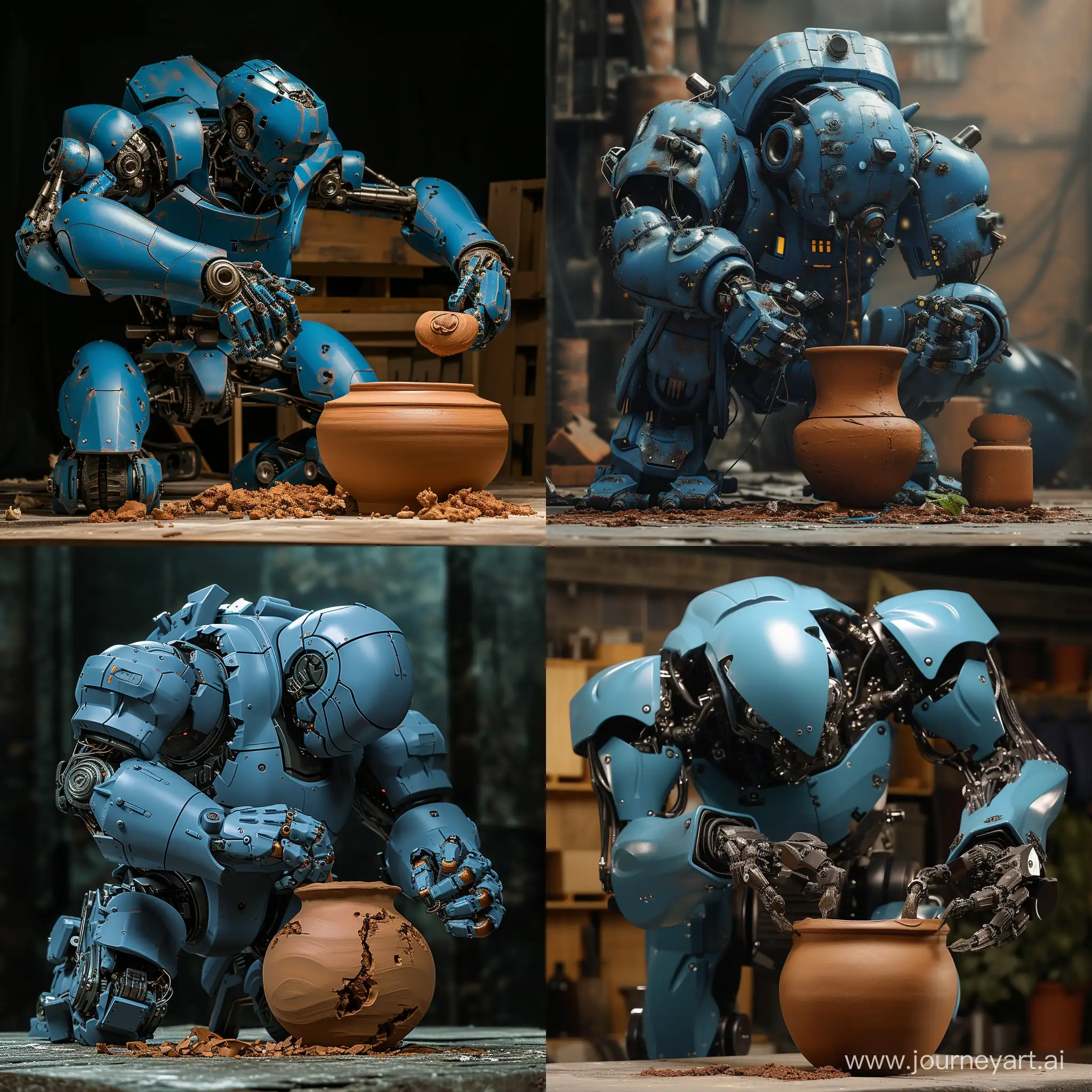 A large blue bulky robot carves a brown clay pot