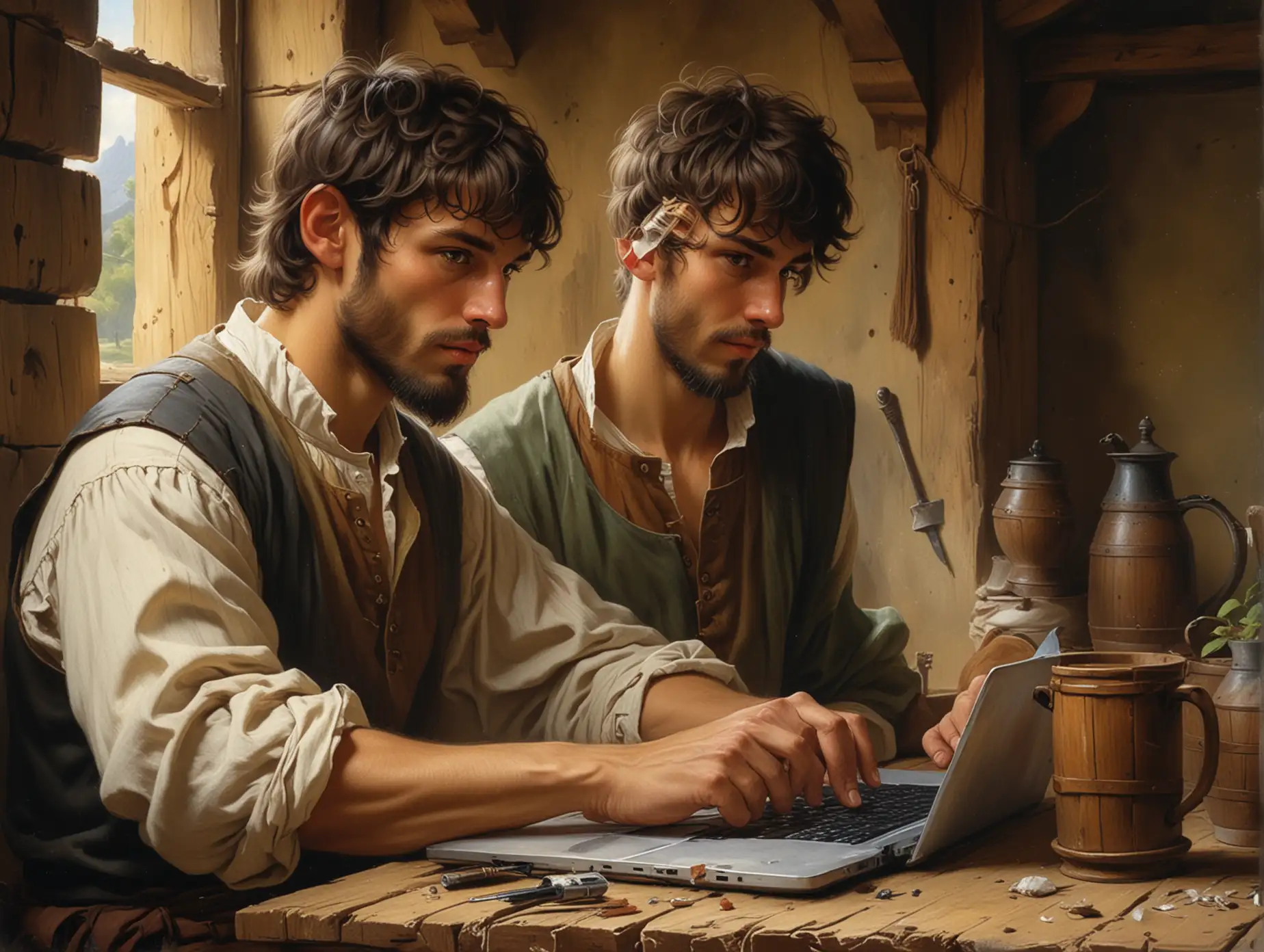 painting portrait of young men with dark short beard working on macbook in medieval wooden tavern, straight short hair, detailed face, 14th century, wooden cups, renaissance, by Carl Spitzweg, Gabriele Dell'Otto, Horace Vernet, Salvator rosa