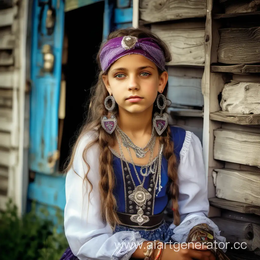 Девочка цыганка 15 лет, в красивом длинном платье с украшениями, бандана на голове, с серёжками кольца, на фоне старый дом