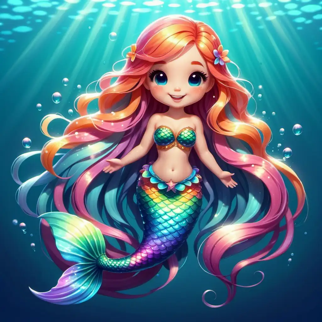 Adorable Kawaii Style Mermaid with Colorful Fish Scale Tail