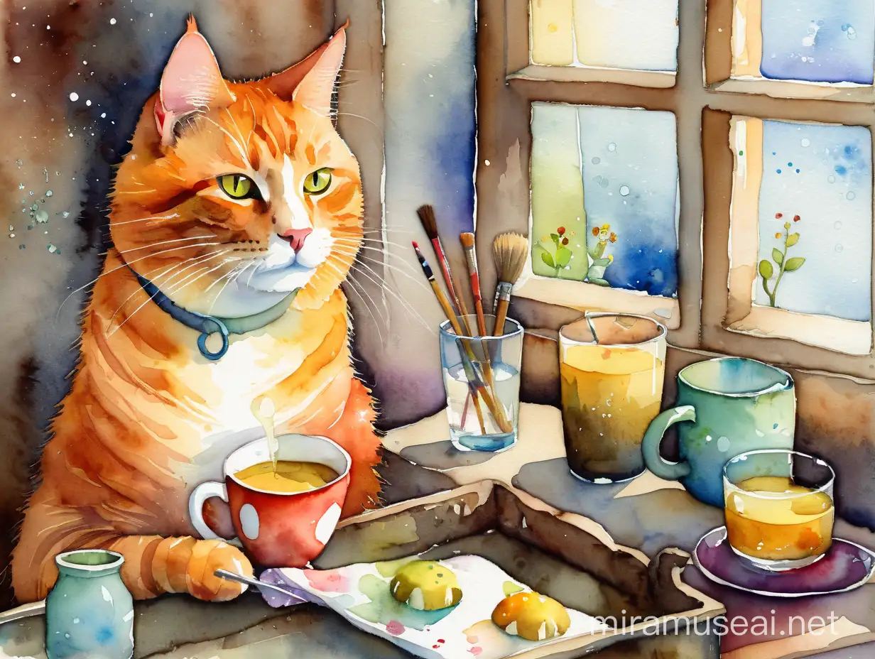 Whimsical Watercolor Portrait of a Sly Ginger Cat by Alexander Jansson