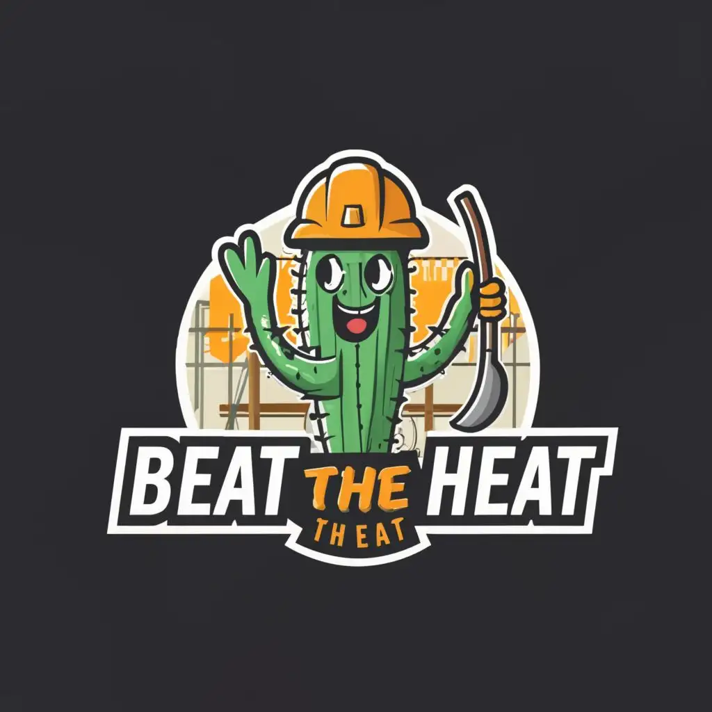 a logo design,with the text "Beat the Heat", main symbol:A cactus is wearing a hard hat and safety gear. He is holding a real shovel. He is in a factory. The sun is hot.,complex,be used in Construction industry,clear background
