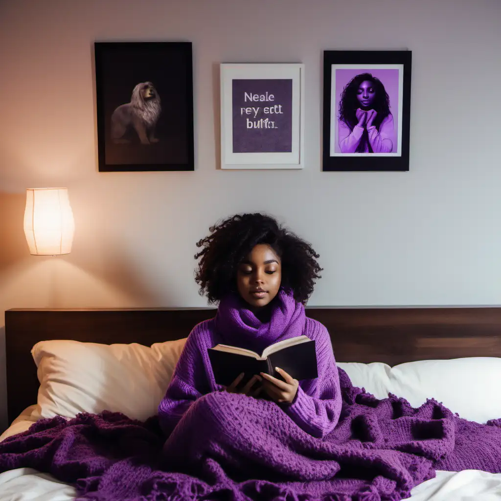 Cozy Reading Moment Brown Skin Girl in Purple Sweater Enjoying a Book in Comfortable Bedroom