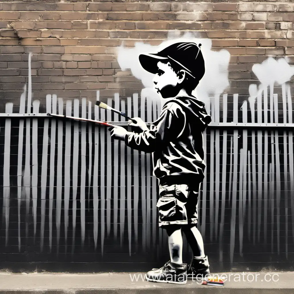 мальчик рисует что-то большой кистью  на заборе в стиле banksy