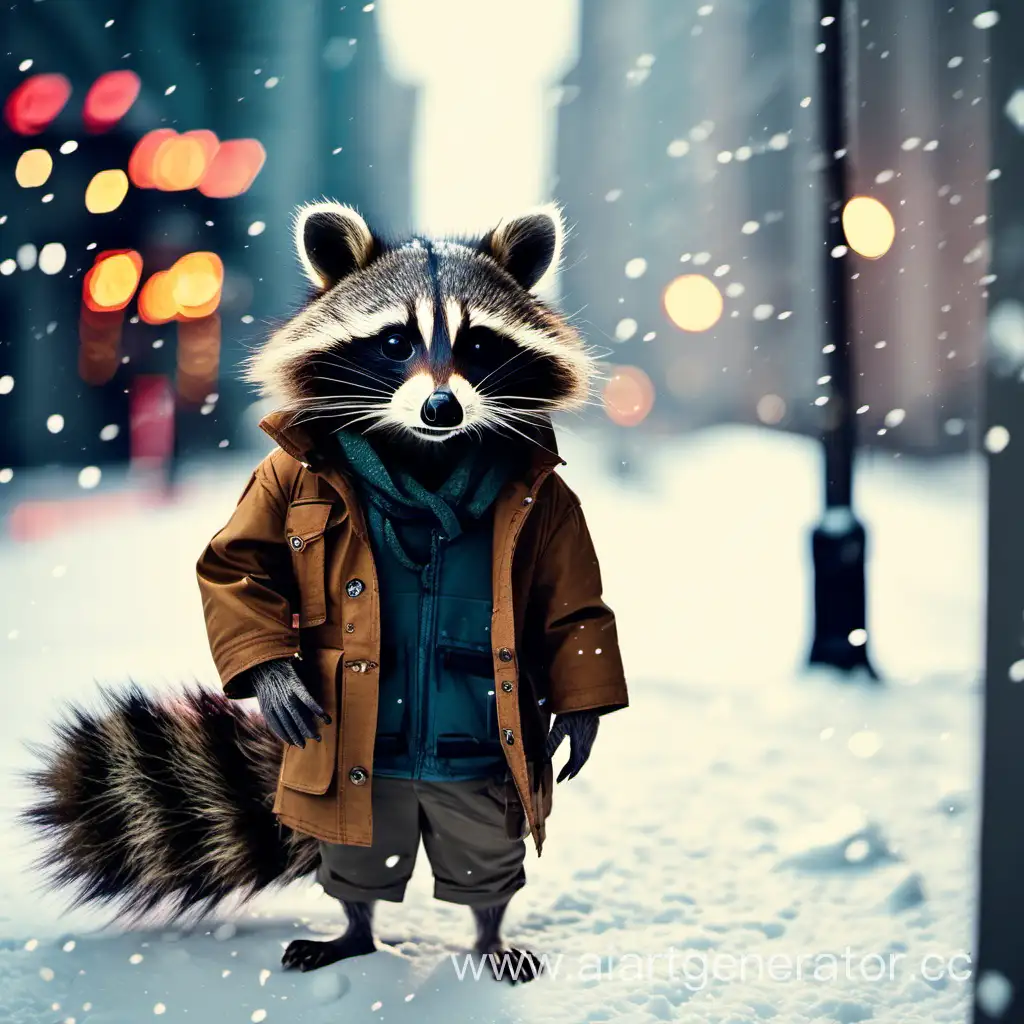 Playful-Small-Raccoon-Roaming-Through-a-Snowy-Urban-Wonderland