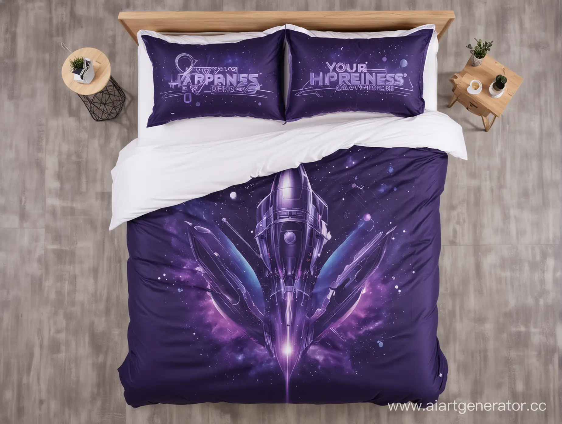 Futuristic-Spaceship-Logo-on-Indigo-and-Purple-Bedding-Set
