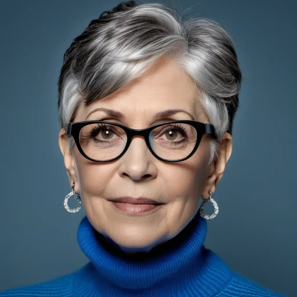 Frau, 64 Jahre alt, graue kurze Haare, Brille, Ohrringe, Rollkragenpullover blau, dezent geschminkt, 