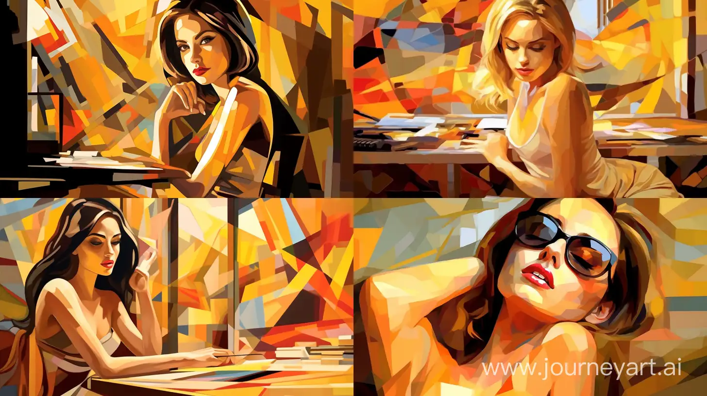 Fashion, Beautiful young woman, Sunny Workspace with Beautiful Young Woman, Unique camera angle, Photorealism, Side Lighting, Bright yellow, orange, and golden accents, Impasto technique, Cubism style --ar 16:9