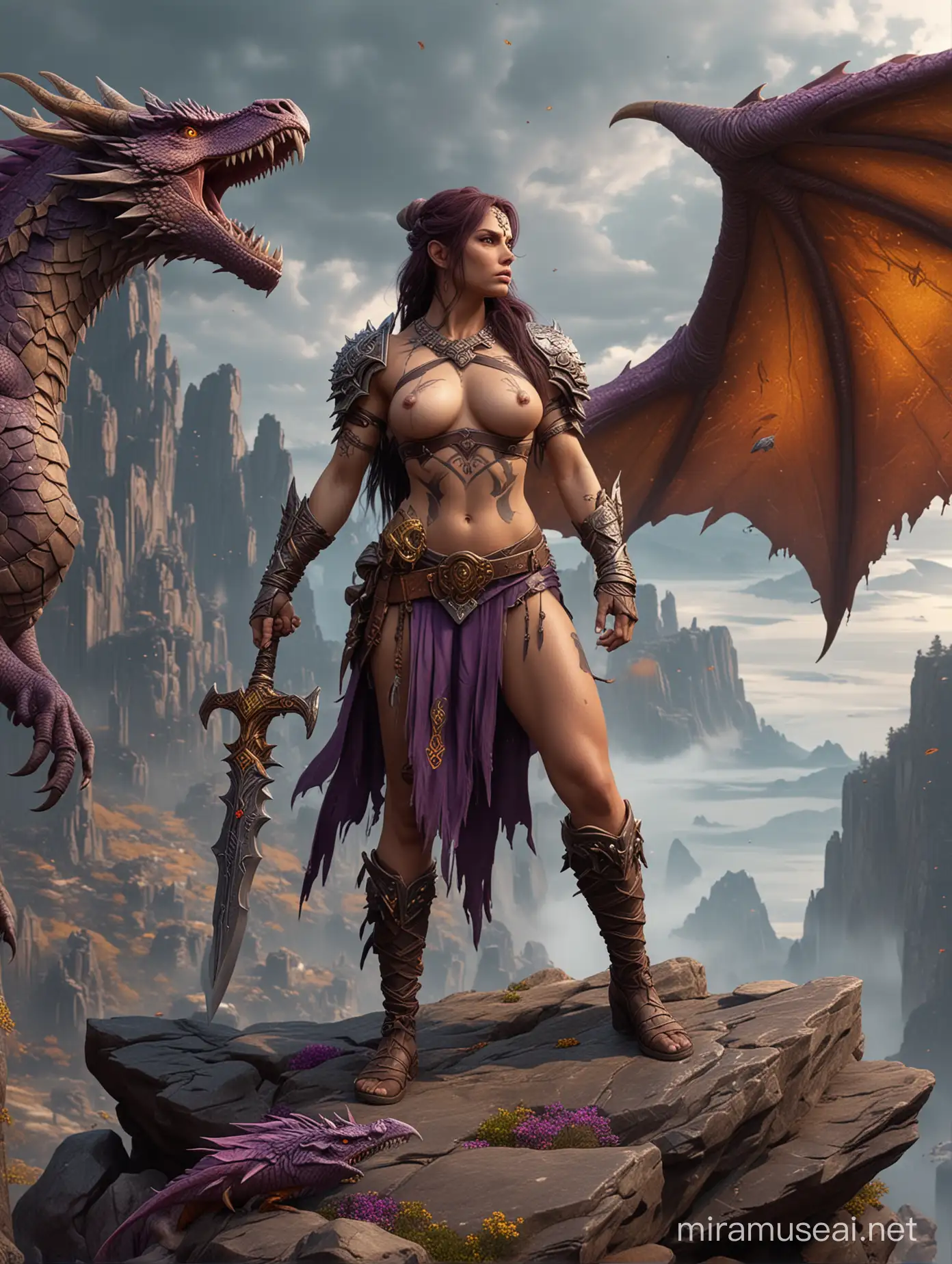 "Barbarian woman with Tattoo of Magic motifs. Standing on Rock. holding weapon, With Fly Dragon. a masterpiece, 8k resolution, dark fantasy concept art, dynamic lighting, hyperdetailed, intricately detailed, Splash screen art, trending on Artstation, deep color, Unreal Engine, volumetric lighting, Alphonse Mucha, Jordan Grimmer, purple and yellow complementary colours. Oil Painting"