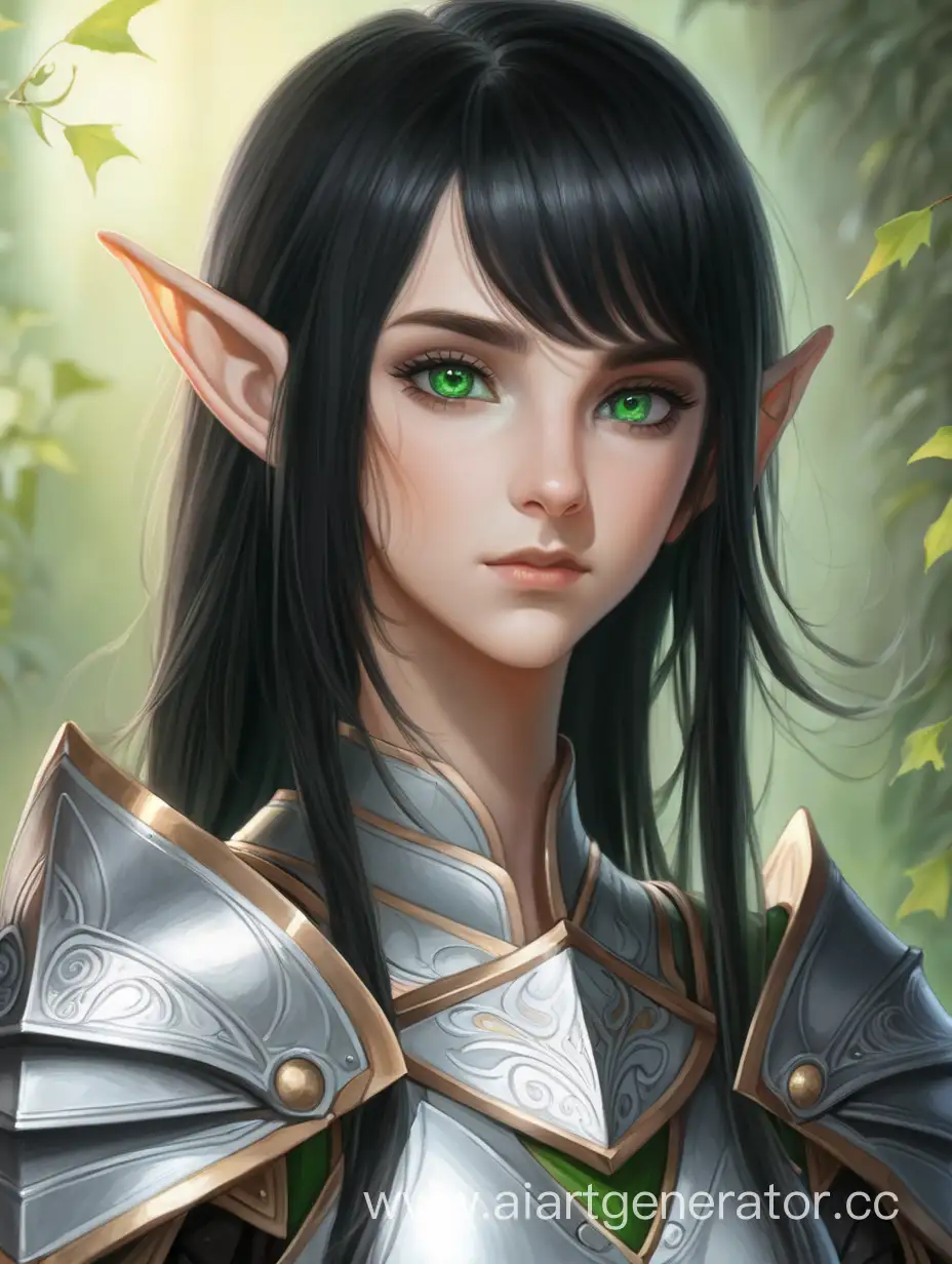 портрет, эльф, девушка, черные волосы, волосы до плеч, лёгкая броня, зеленые глаза