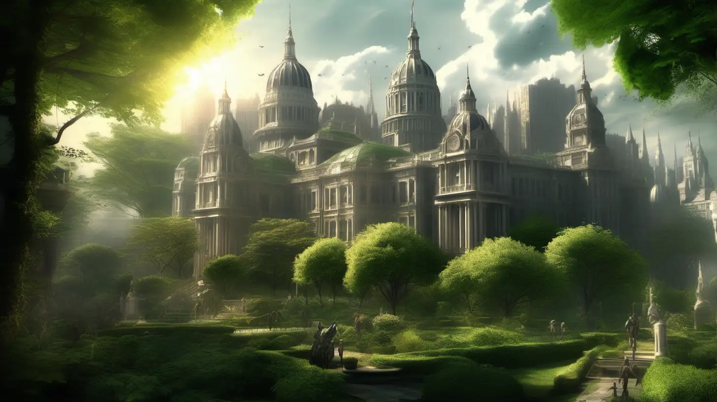 landscape. fantasy setting. a lush, forest kingdom military capitol. buildings of hard stone, grey schemes amongst the beauty of nature. imposing, but also gentle. surrounded by numerous smaller buildings. add bustling people a la old Victorian fashion. gardens, trees, foliage. warm sunlight. natural light, global illumination, uplight f/1.8