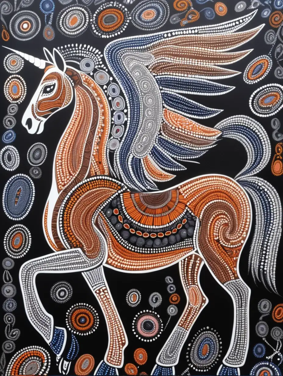 Australian-aboriginal-art-in-earthy-colors-with-white background, black, navy blue pink-blue-orange-brown-white-grey-black-with-a-pegasus