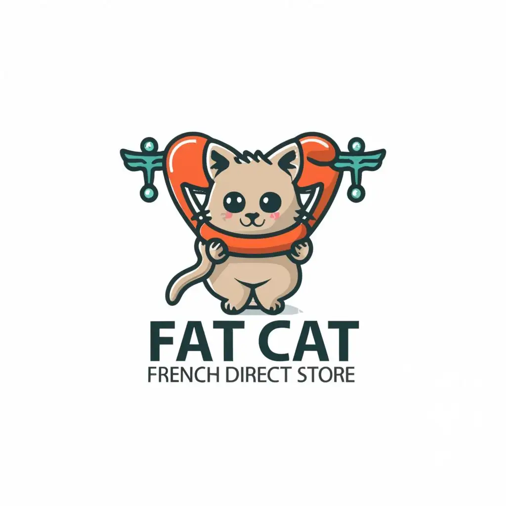 logo, The cute little cat, who is hugging a Caduceus, with the text "Fat Cat French Direct Mail Store", typography