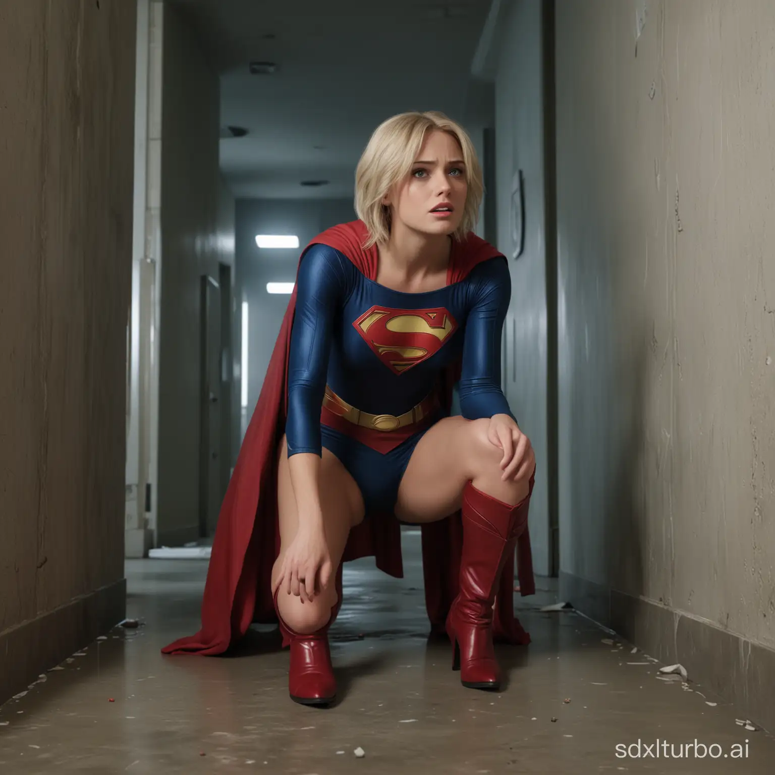 Supergirl dressed as Superman, perfect face, androgynous, perfect teeth, very short blond hair, lean, wide eyed, very confused, gasping, in shock, trapped in a room with no exit, legs and boots stiletto, 4k resolution, realistic,