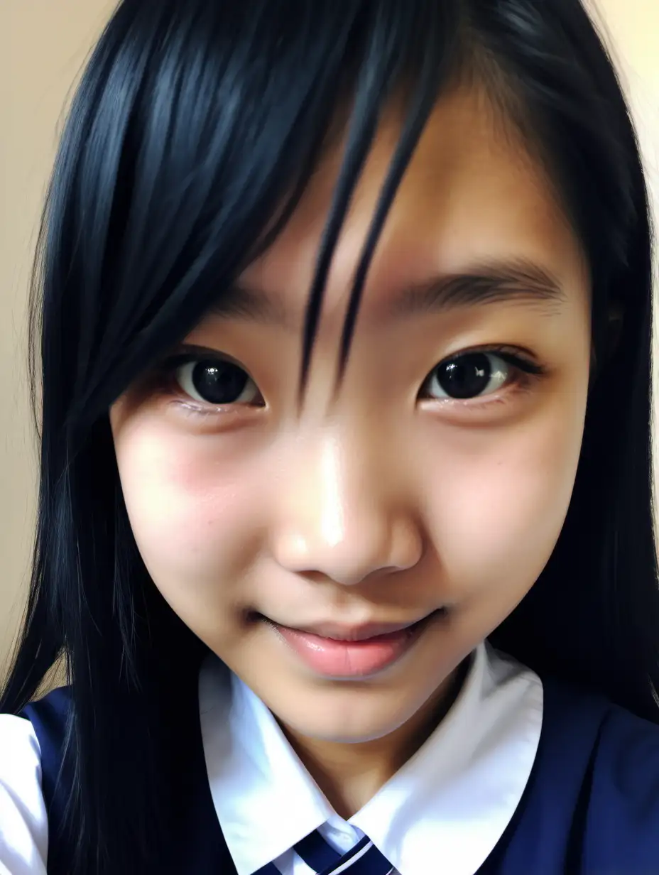 petite 13 years old Singaporean chinese teenage girl. messy black hair. selfie. wearing a navy blue pinafore paya lebar Methodist girls school uniform dress. act cute