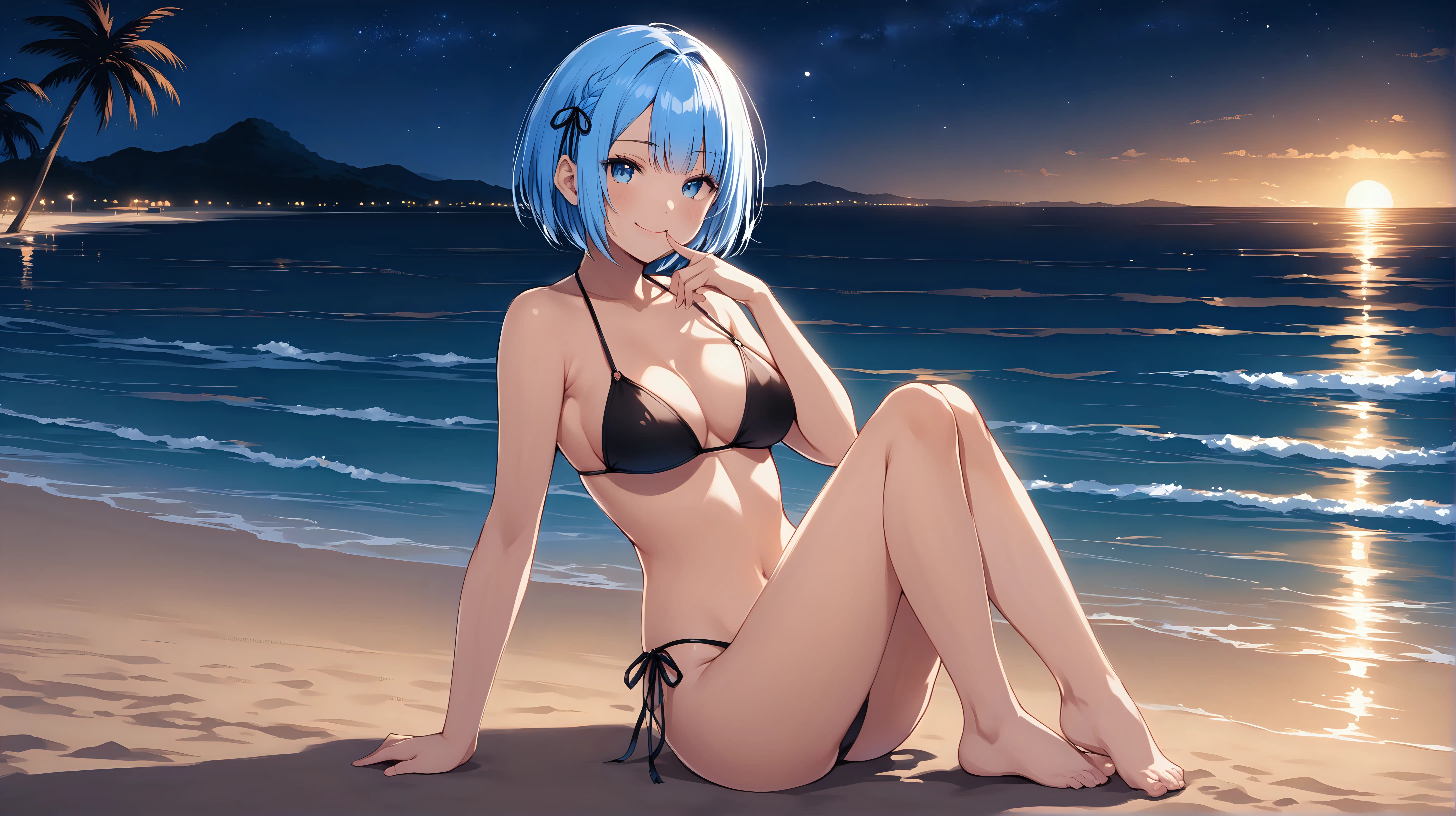 Draw the character Rem, high quality, sitting in a striking pose, alone at the beach, at night, wearing a bikini, she is smiling at the viewer