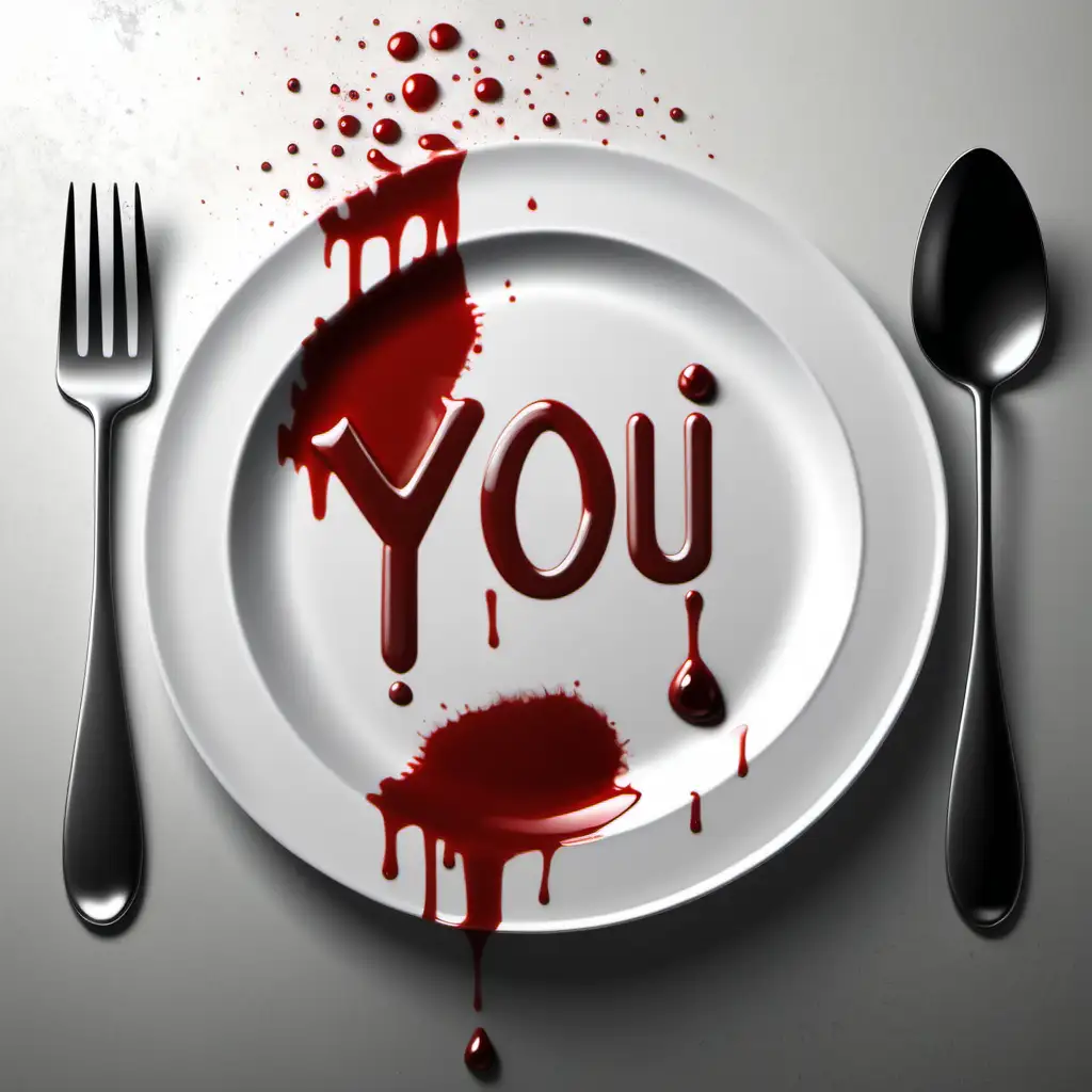 реалистичная тарелка с поднятым клош на тарелке записка с надписью- YOU , тарелка в крови