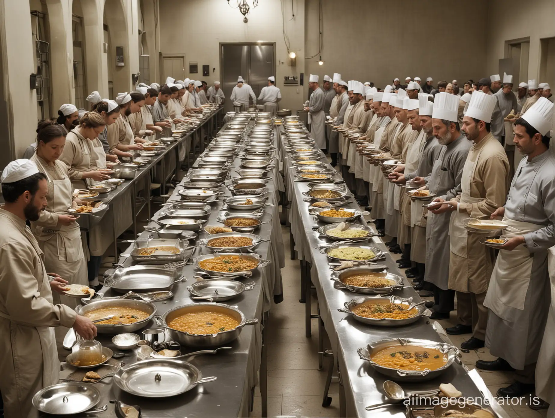 A soup kitchen with a long line of people waiting for food. However, instead of a simple meal, Michelin-starred chefs serve elaborate dishes on silver platters. The people in line wear tattered clothing and look bewildered by the opulent setting. Background: A kitchen filled with gleaming stainless steel appliances. Coloring: Muted browns and greys for the clothing, contrasting golds and silvers for the platters and utensils, warm lighting for the kitchen.