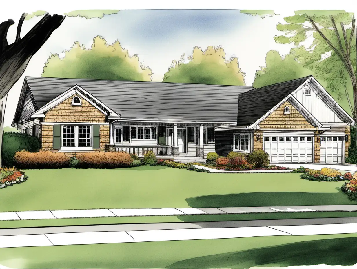 Upscale Suburban Neighborhood Ranch Style House Illustration