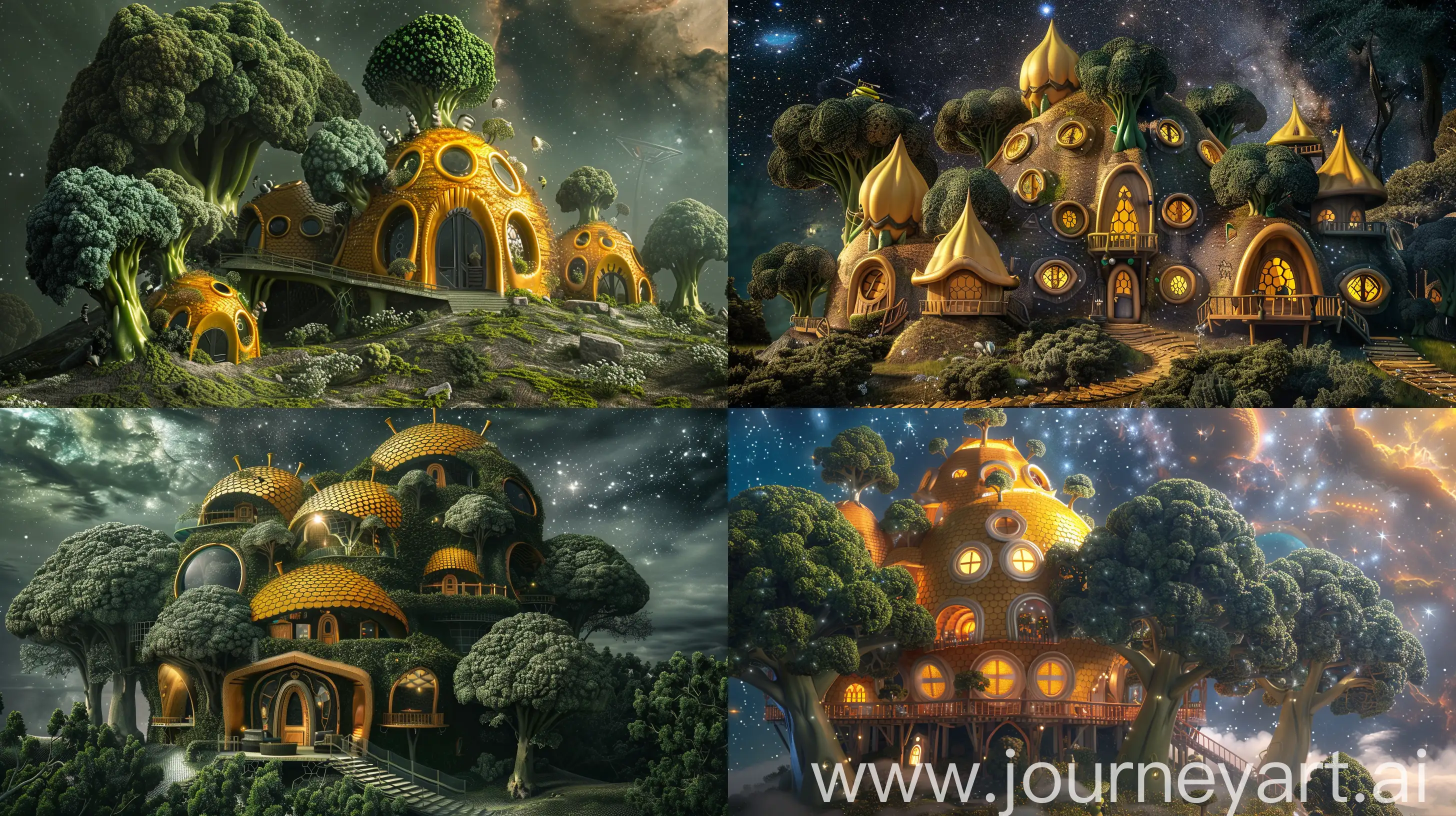 big house in the shape of hive and broccoli, in the galaxy, beautiful, fantasy style, realistic --ar 16:9