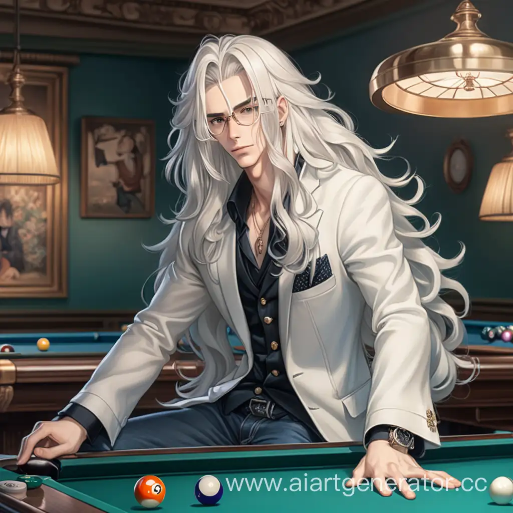 Модой парень с длинными белыми волнистыми волосами позирует около бильярдного стола, в полный рост, аниме