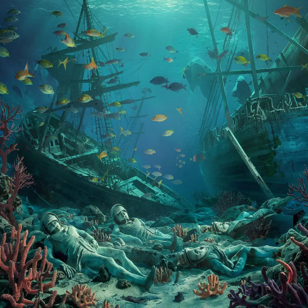 Underwater, coral reefs, sunken ships, dead men