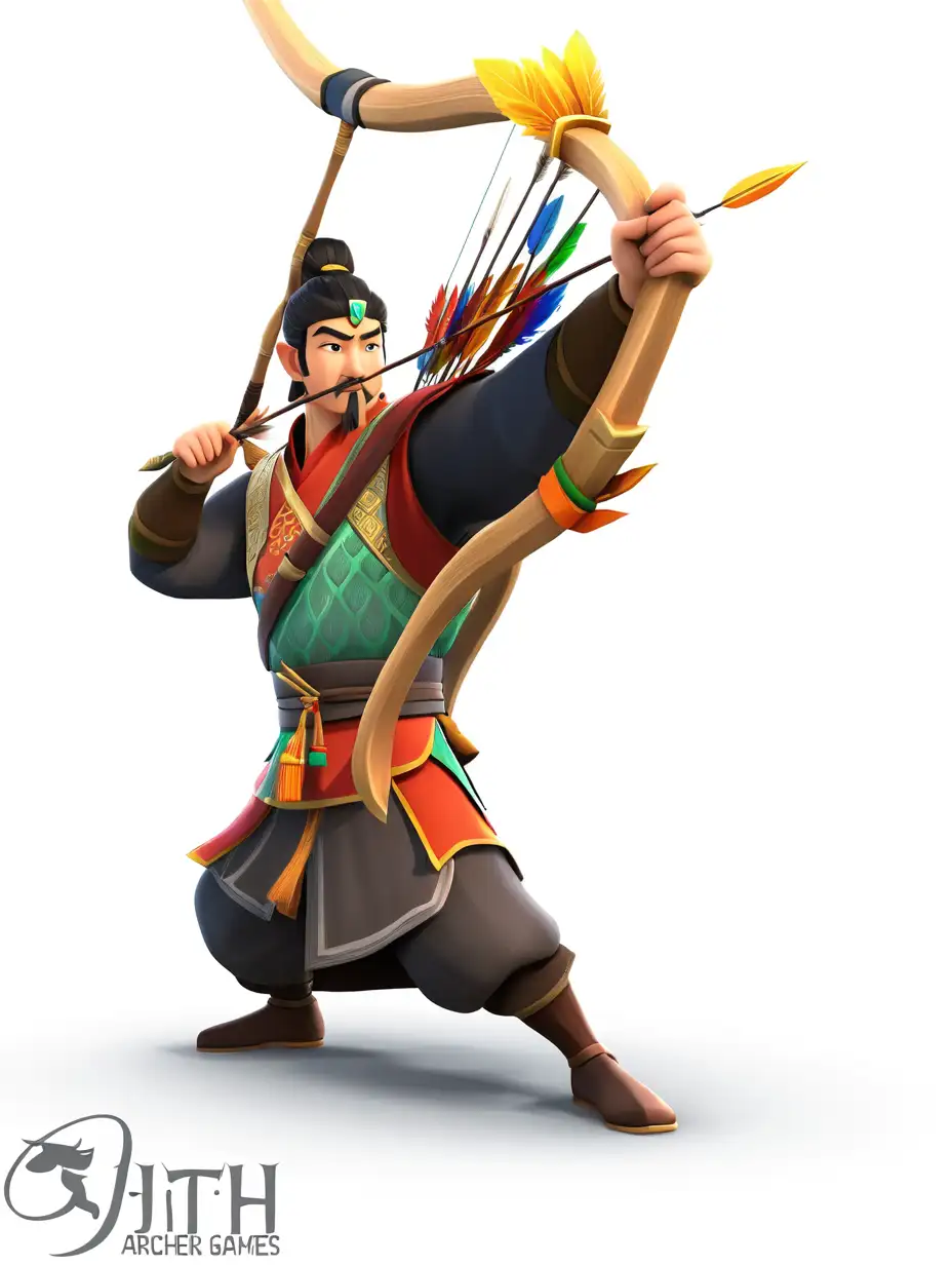 An archer character from the game "Jilώth Games" in an action pose with a bow and arrow, dressed in the style of an archer from the Goryeo Dynasty, on a white background, with a simple design, in a cartoon style, using colorful colors, with 3D rendering at a high resolution and high quality.