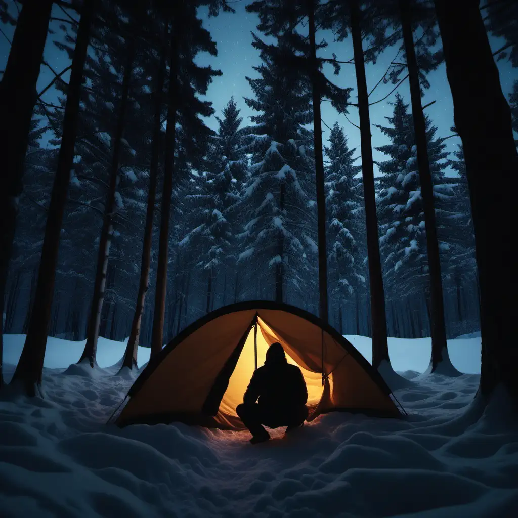 Create hyped snowy forest in the night, closed tent with light from inside between the trees, silhouette of man inside tent, 1080p resolution, ultra 4K, high quality