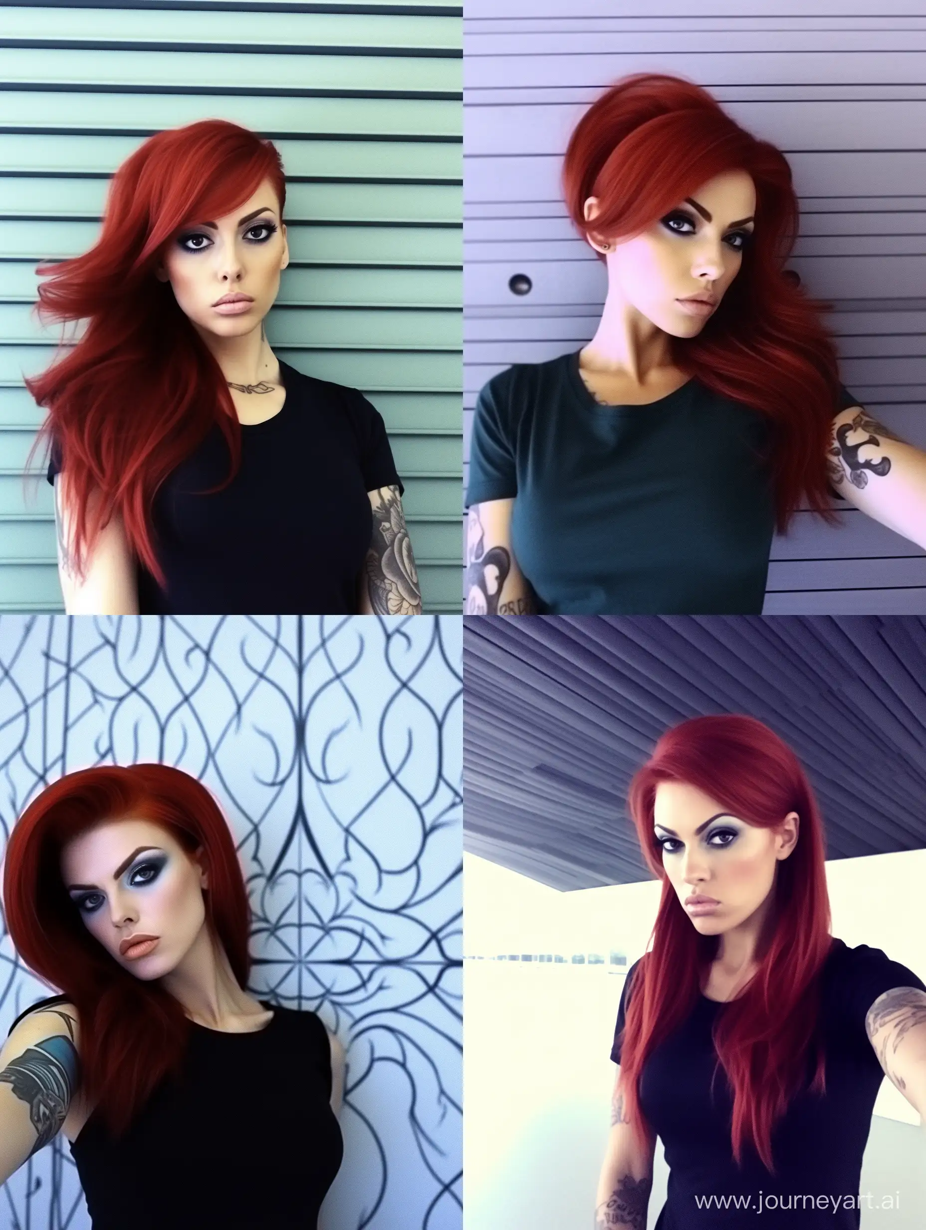 Interior selfie of a woman with [Red hair, slim figure, sly look, beautiful facial features, blue eyes, tattoos on the body], shot on a low camera quality phone