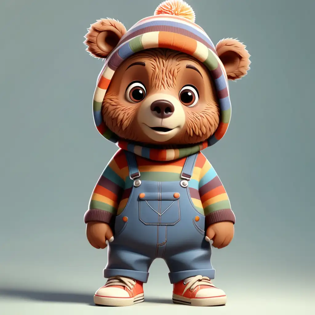 Cute Cartoon Brown Bear in Colorful Outfit and Sneakers