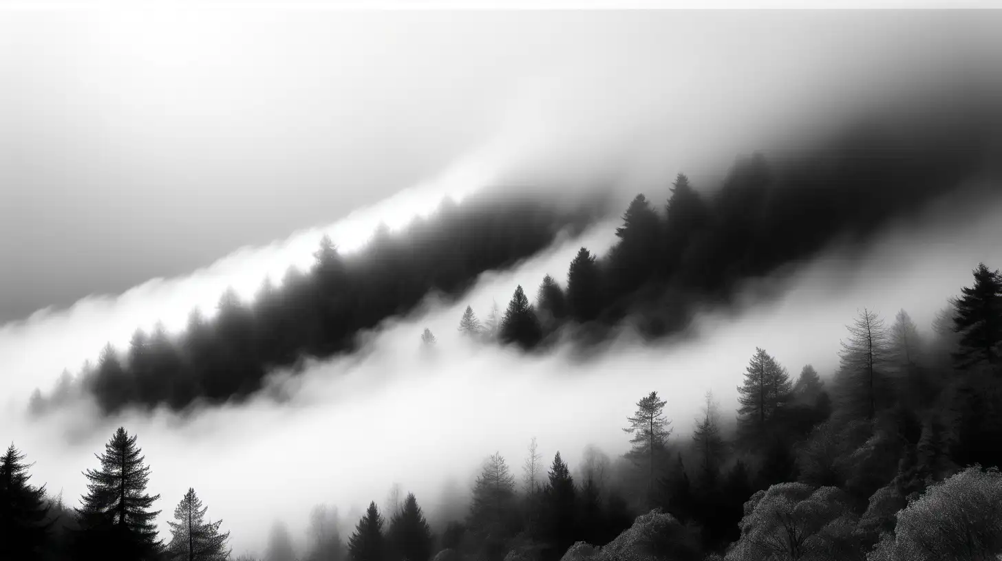 ominous tree covered steep mountainside covered in light low layer of fog, black and white, more trees showing, sunshine, all trees visible through the fog, fog closer to the ground, trees throughout the whole image


