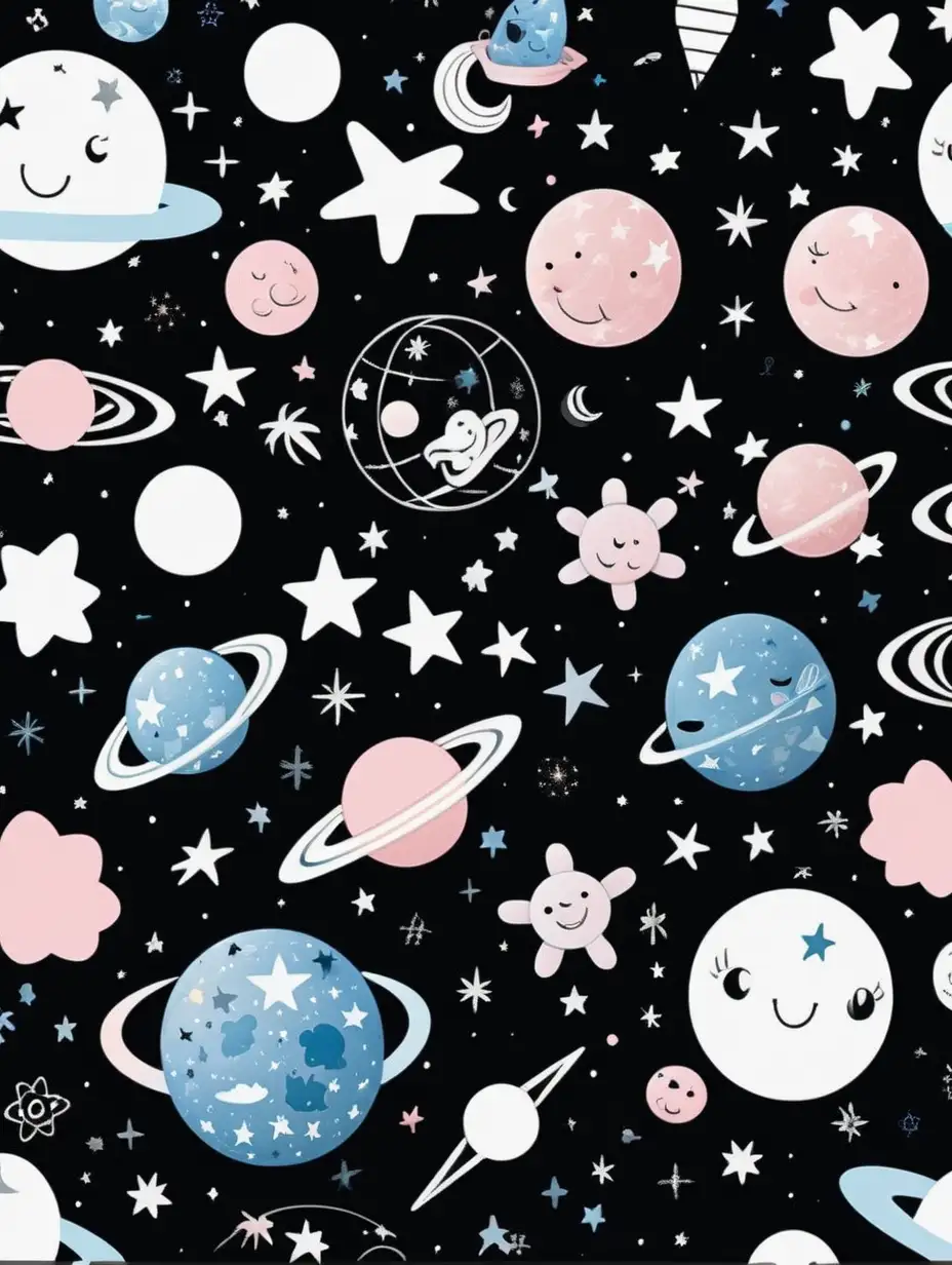 create seamless celestial pattern with funny objects in black, rose, blue