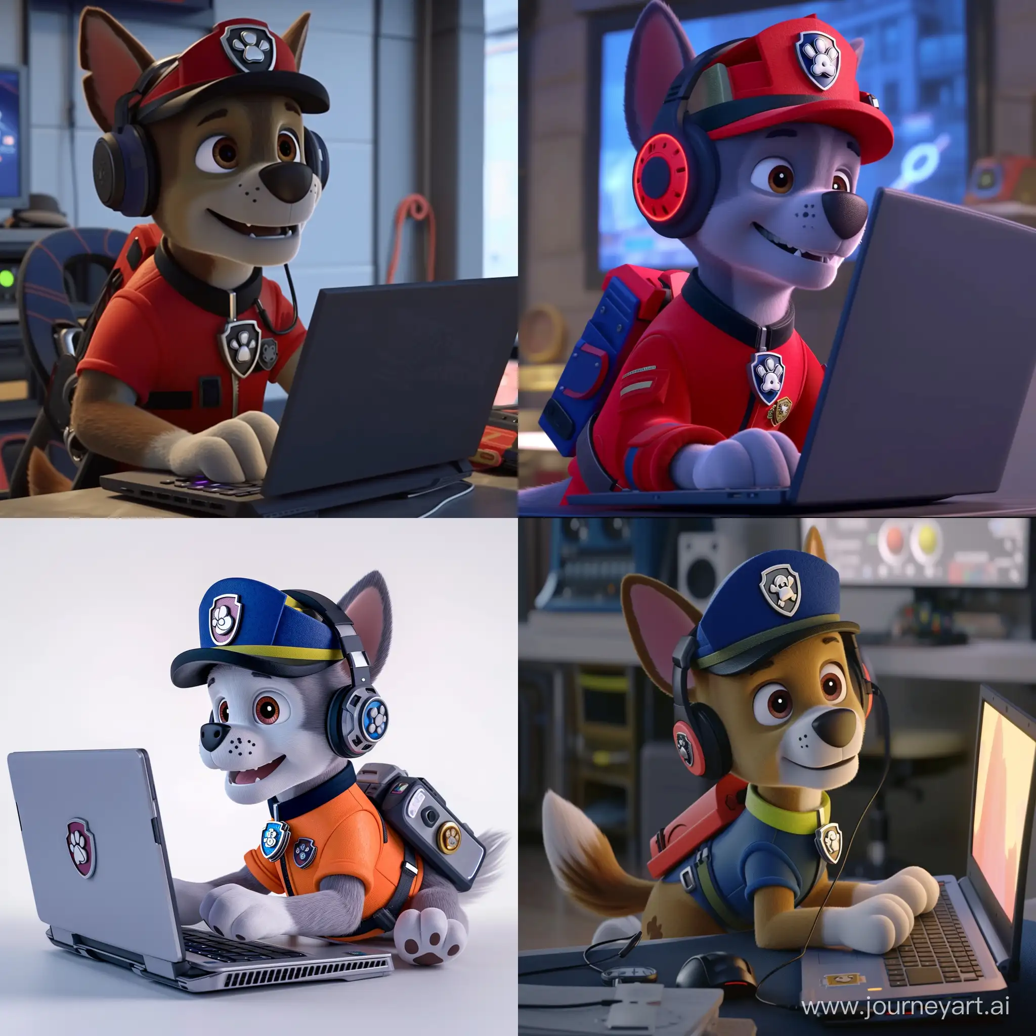 Marshal-from-Paw-Patrol-Engaged-in-Gaming-with-Laptop-and-Headphones