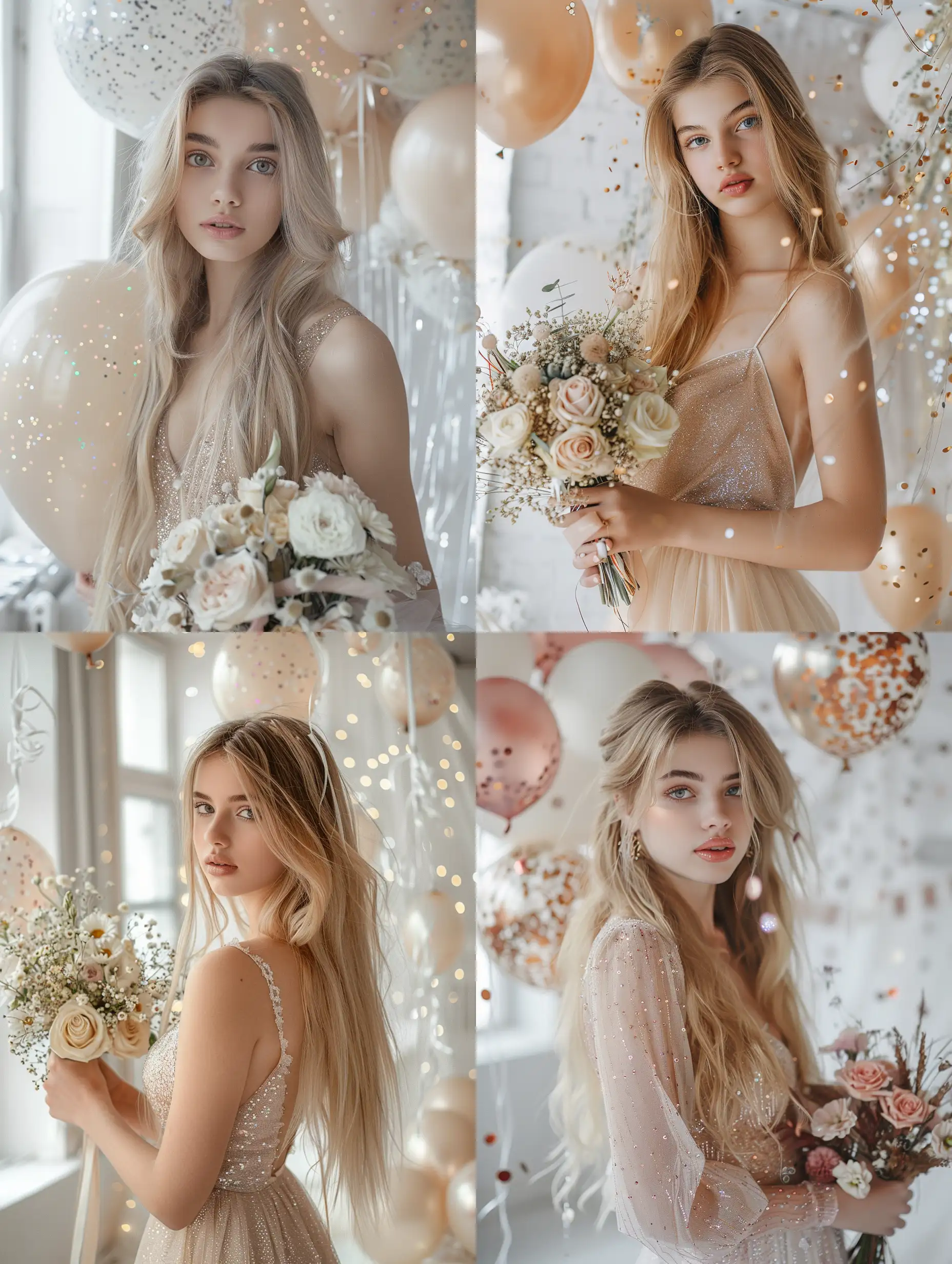 Elegant-Blonde-Woman-Holding-a-Floral-Bouquet-in-Glittering-Studio-Setting