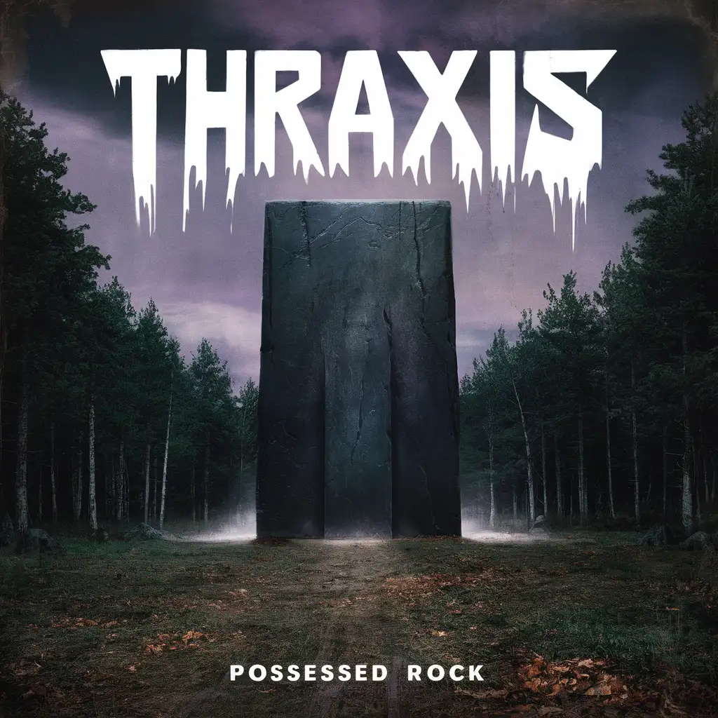 1980s thrash album cover, large rectangular monolith in a forest clearing, words "THRAXIS" at top, words "POSSESSED ROCK" at bottom