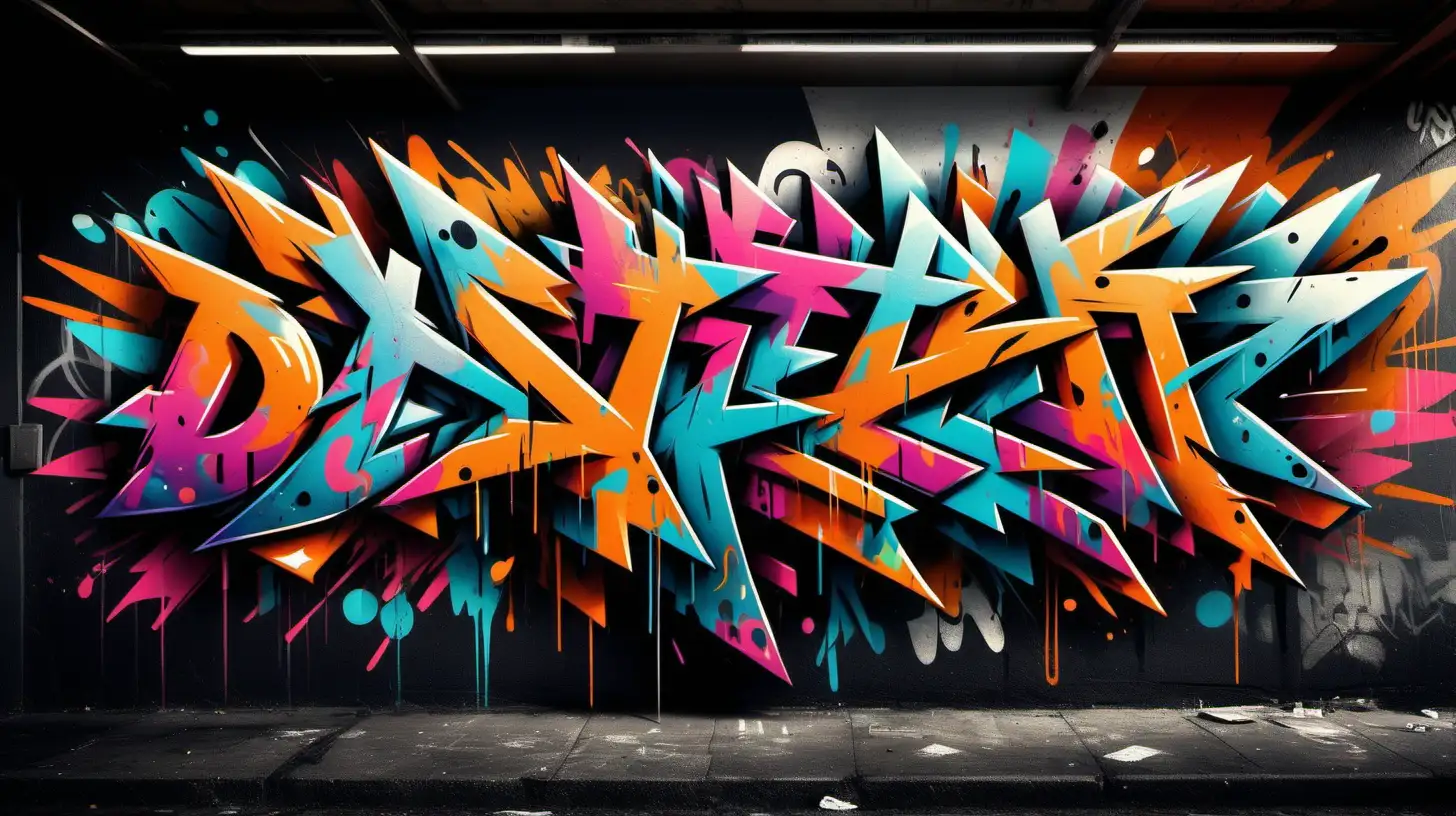 design an image with abstract, colorful, graffiti shapes. have sections of it slightly darker than others, dramatic lighting, and a lot of contrast
