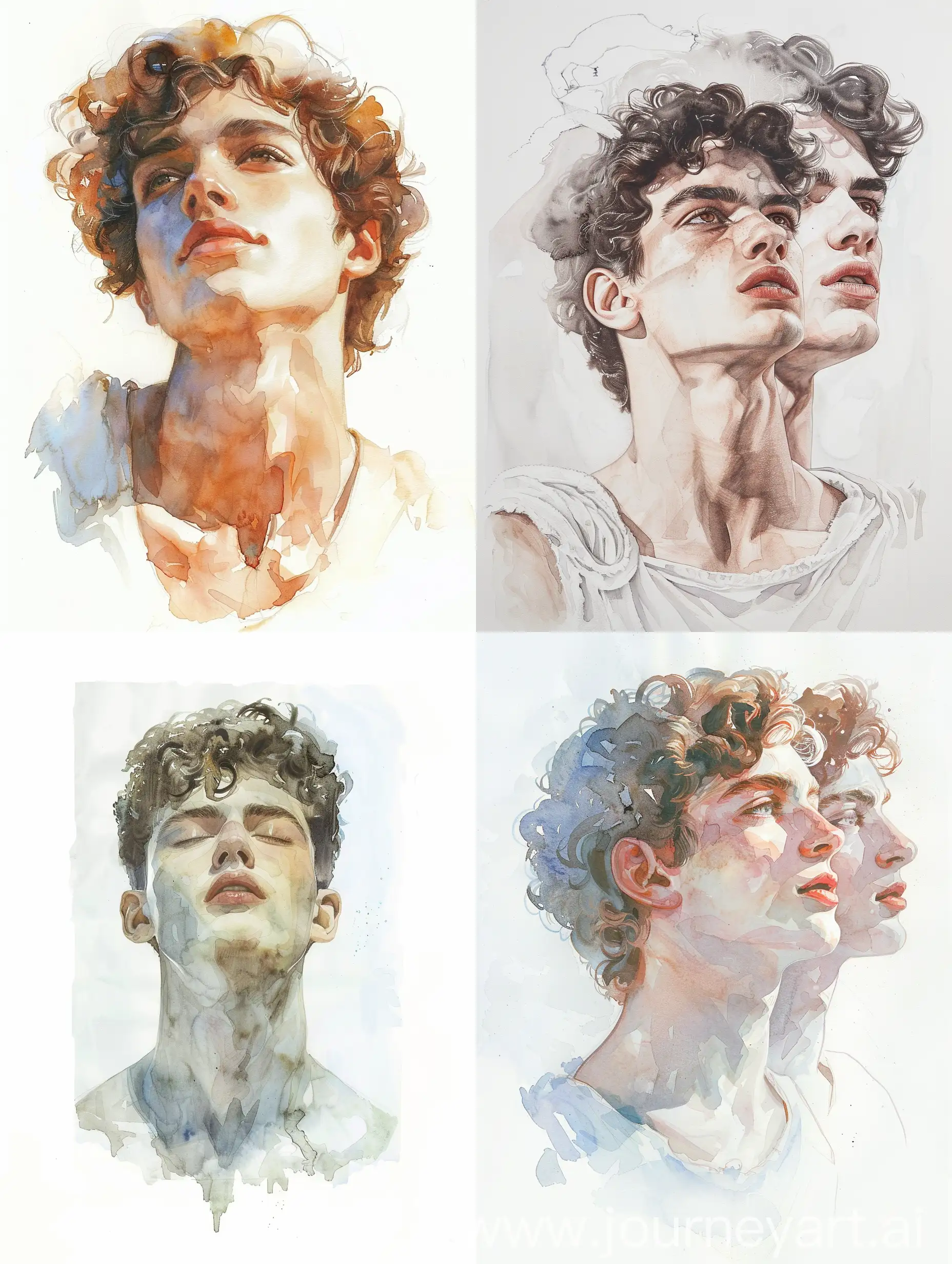 Watercolor painting technique - Very beautiful - White background - Creation of Adonis by Apollo - Very handsome 16 year old man as Adonis - Very attractive young man as Apollo