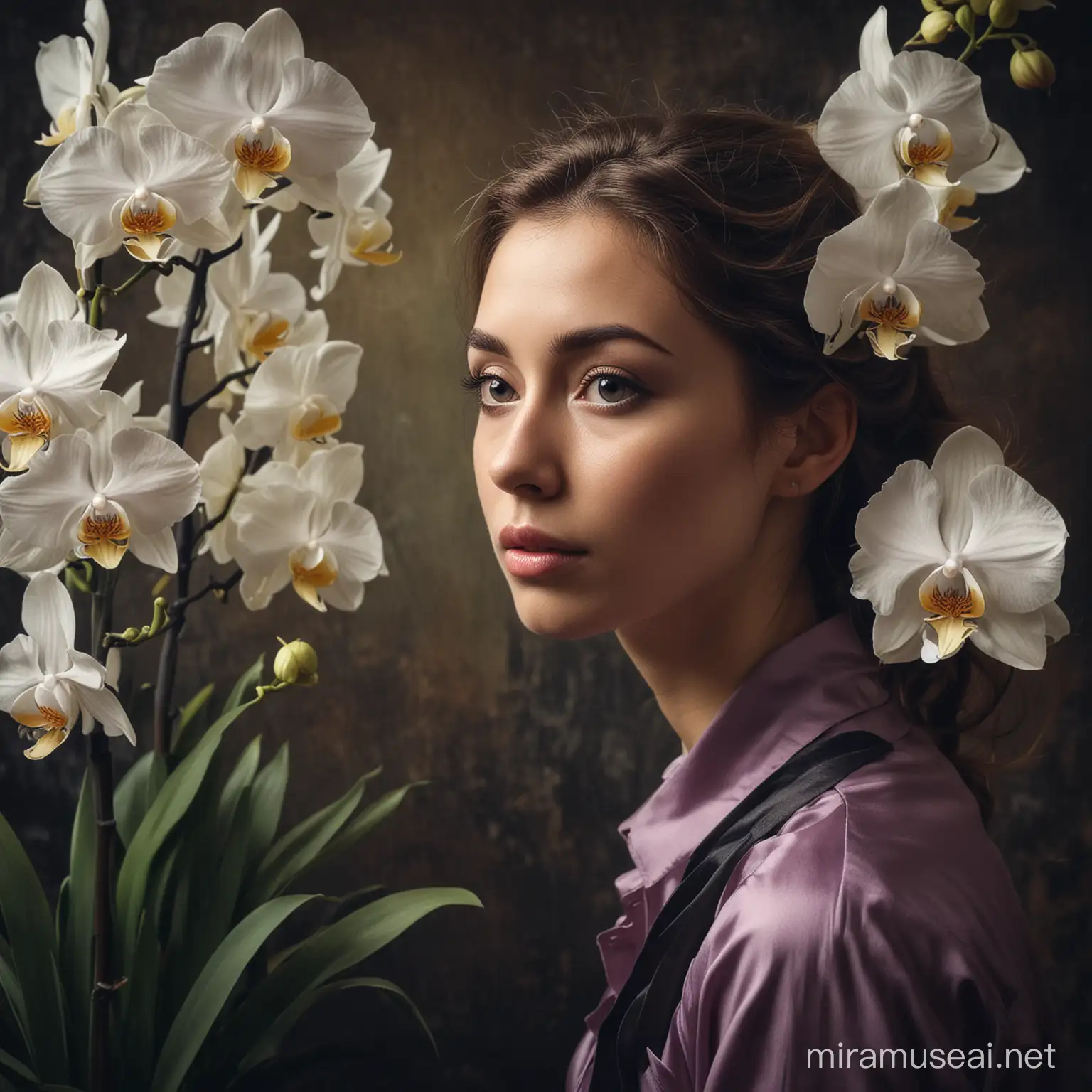 retrato de mulher jovem a olhar para trás, para o observador, mas virada de lado. Ambiente dramático. Por todo o lado orquídeas