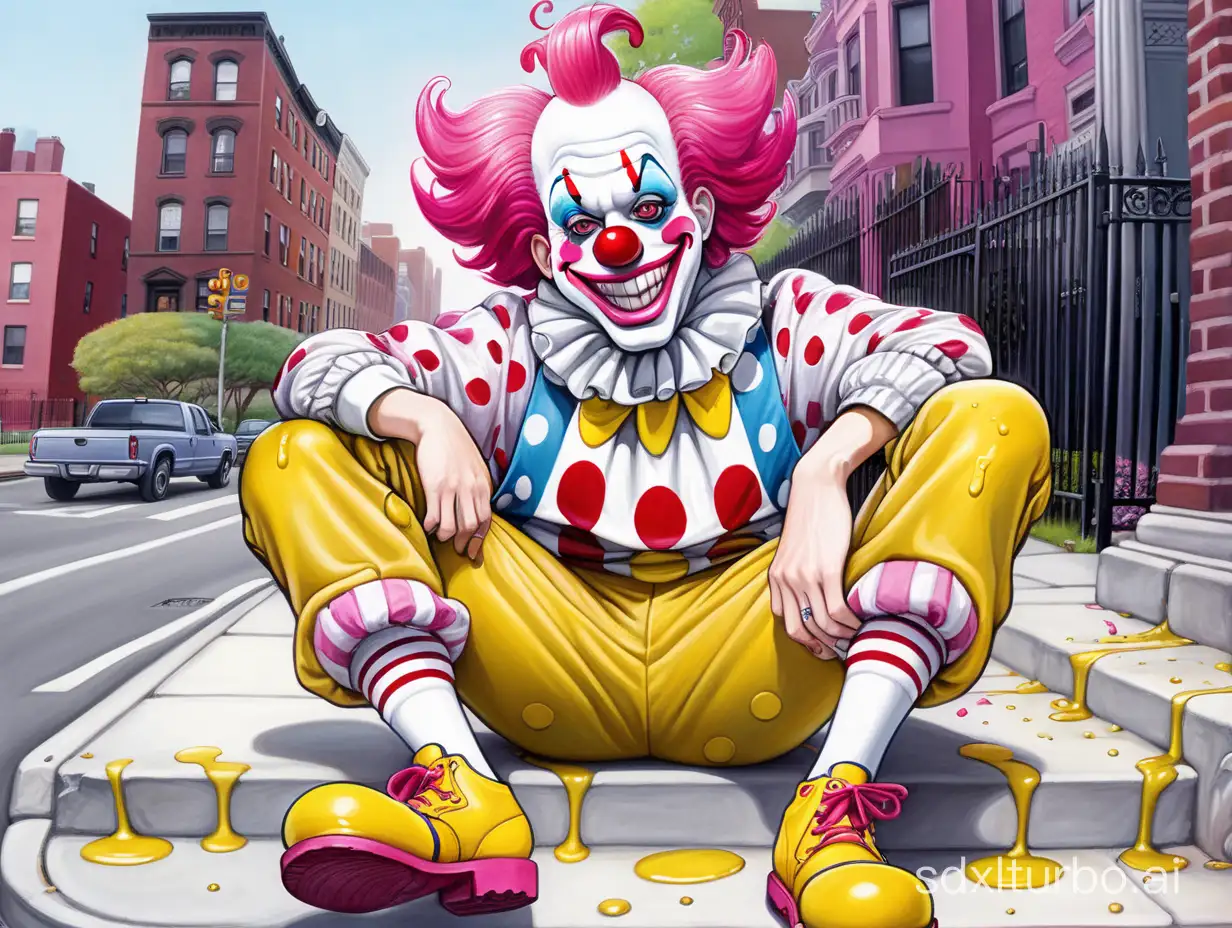 a drawn picture of a clown with pink hair grinning into the camera, sitting on a curb with New York City house in the background, yellow slime dripping from the walls