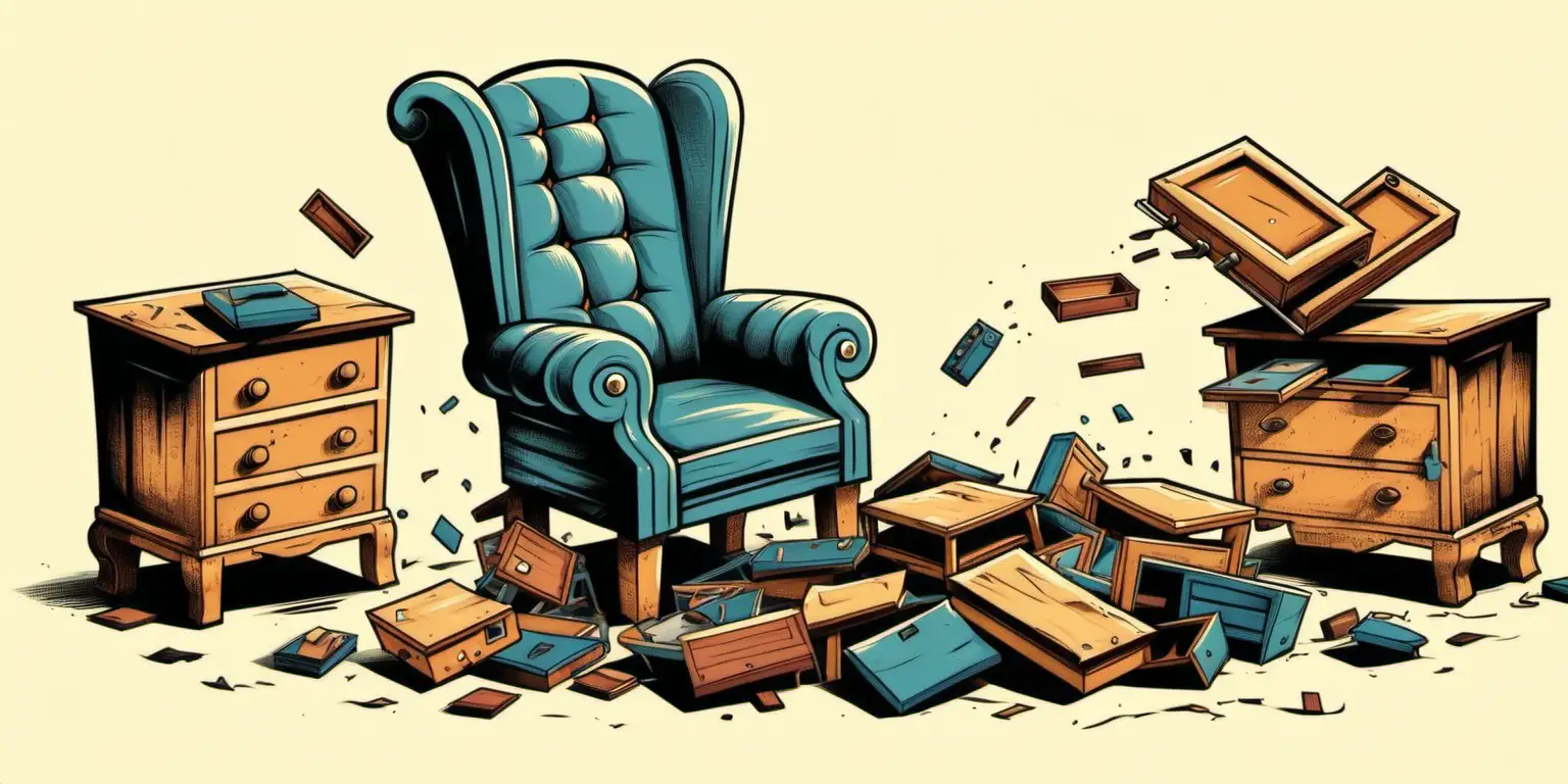 Animated Abandonment Playful Cartoon Scenes of Discarded Vintage Furniture