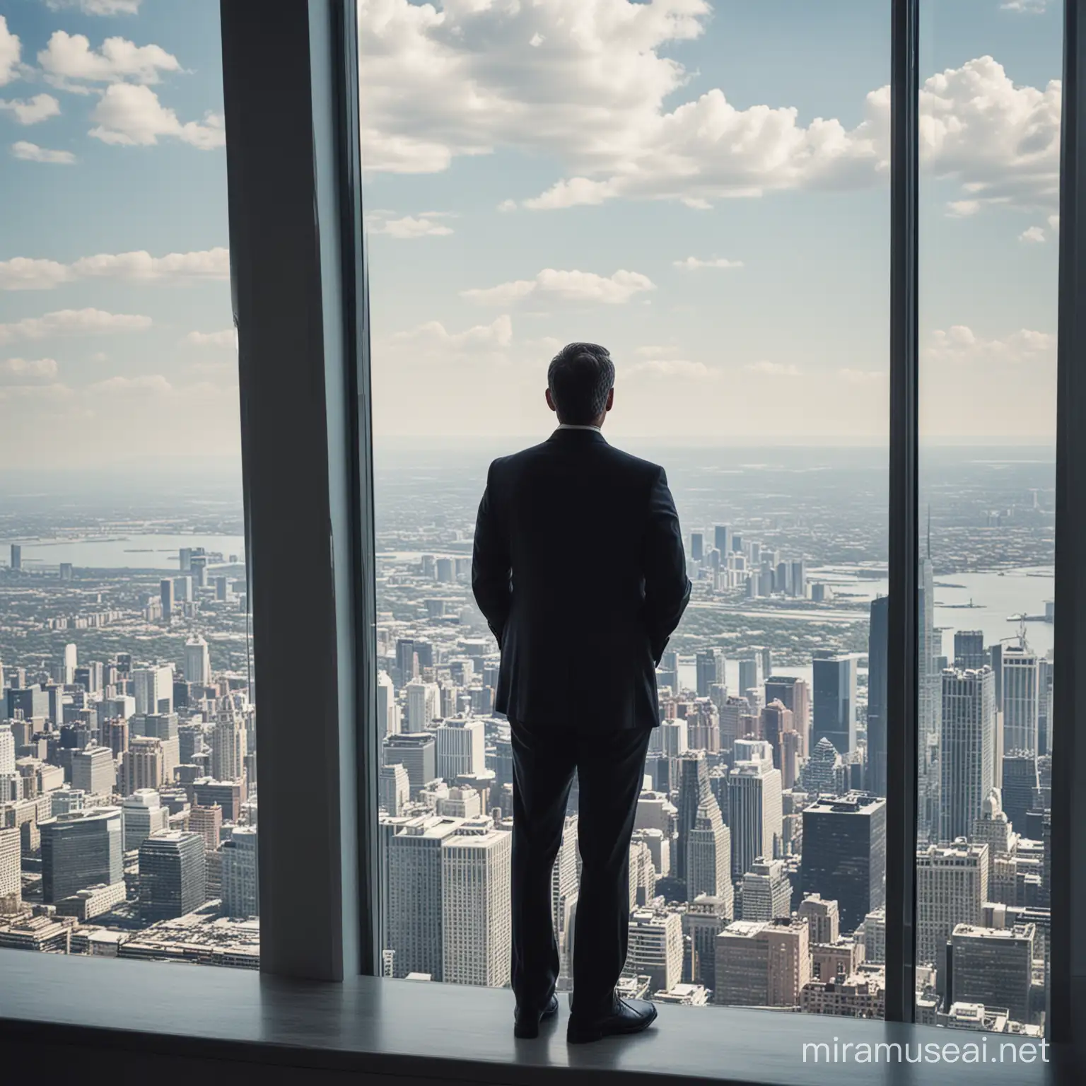 Chief executive officer of a major company looking out top story window over a large city.
