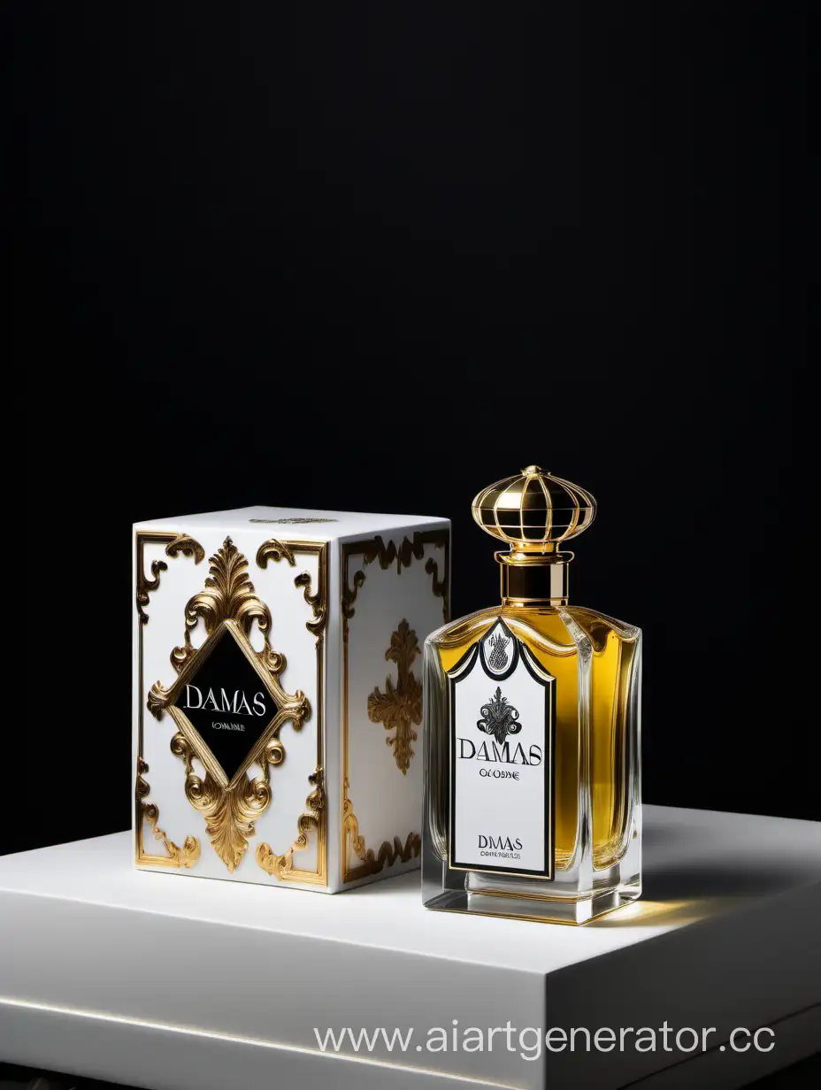 a bottle of damas cologne sitting next to a dark White box,with golden lines a Baroque dynamic luxurious composition, feminine
flemish Baroque